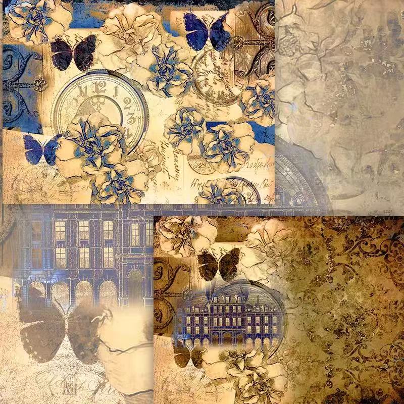 1021 A4 size Vintage blue flower Style Paper 6 pcs