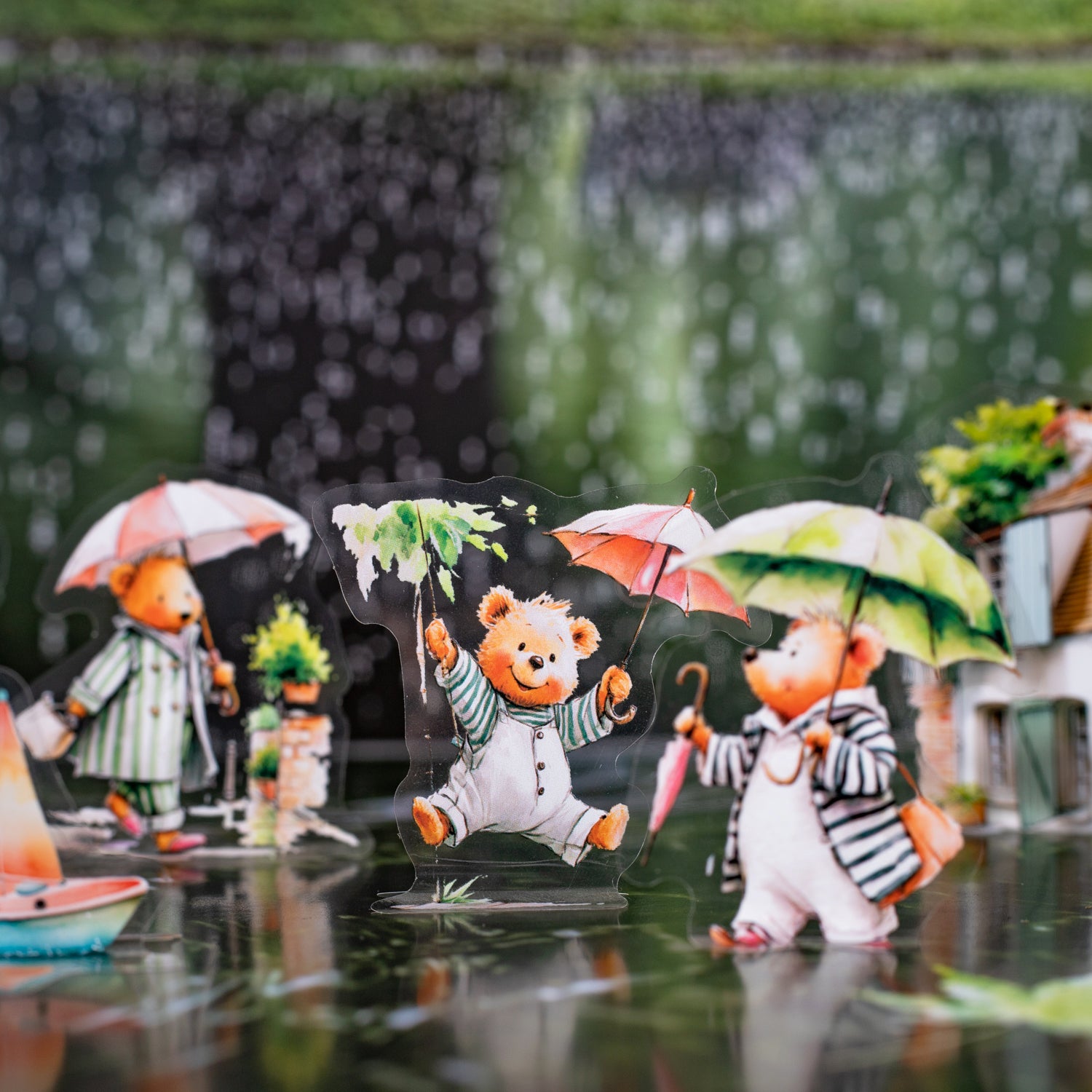 0630 Animals hiding from the rain PET sticker -15Pcs each pack