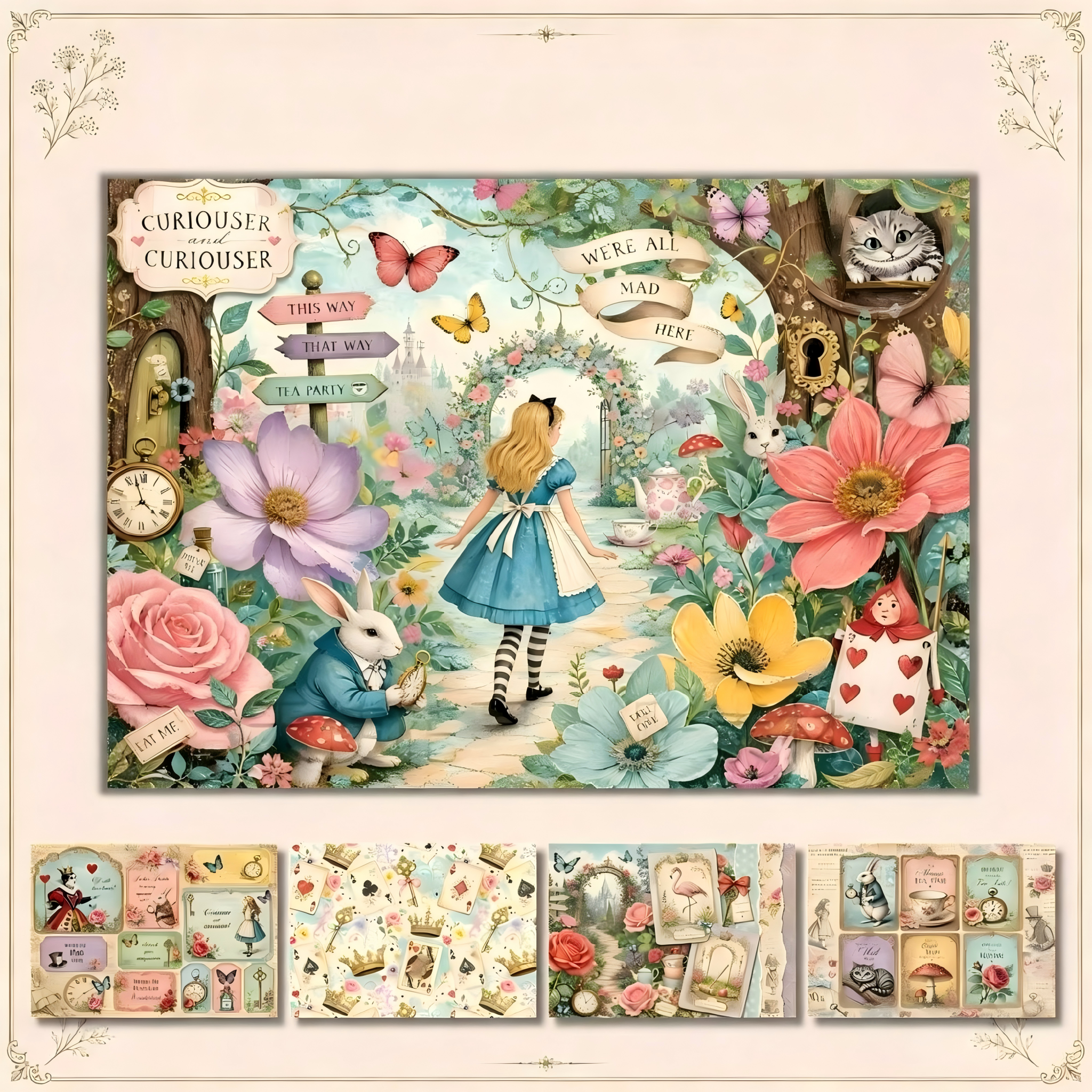 A4 size Alice in Wonderland Style paper 14 pcs