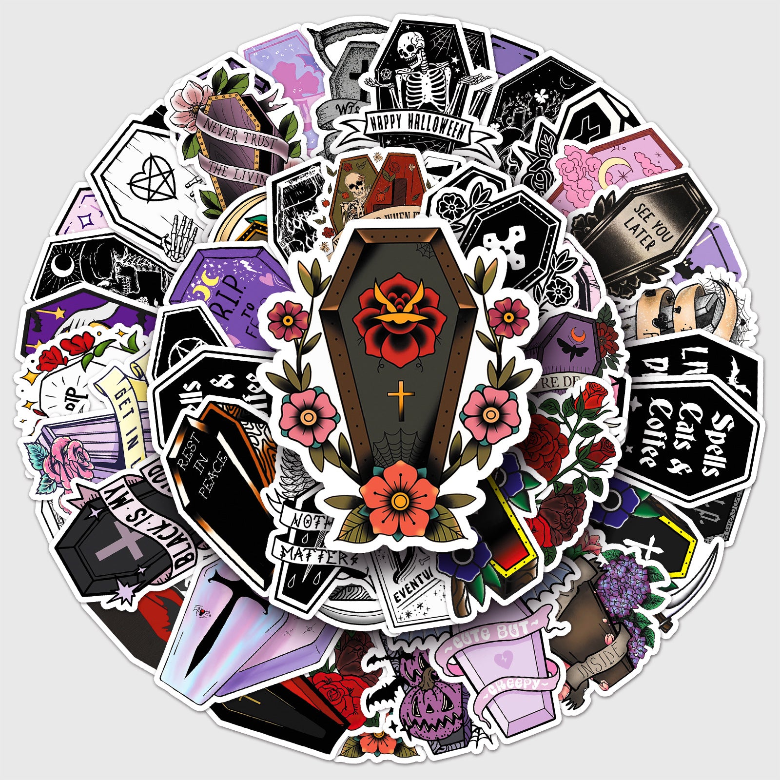 50 Dark Coffin Stickers solid with white border