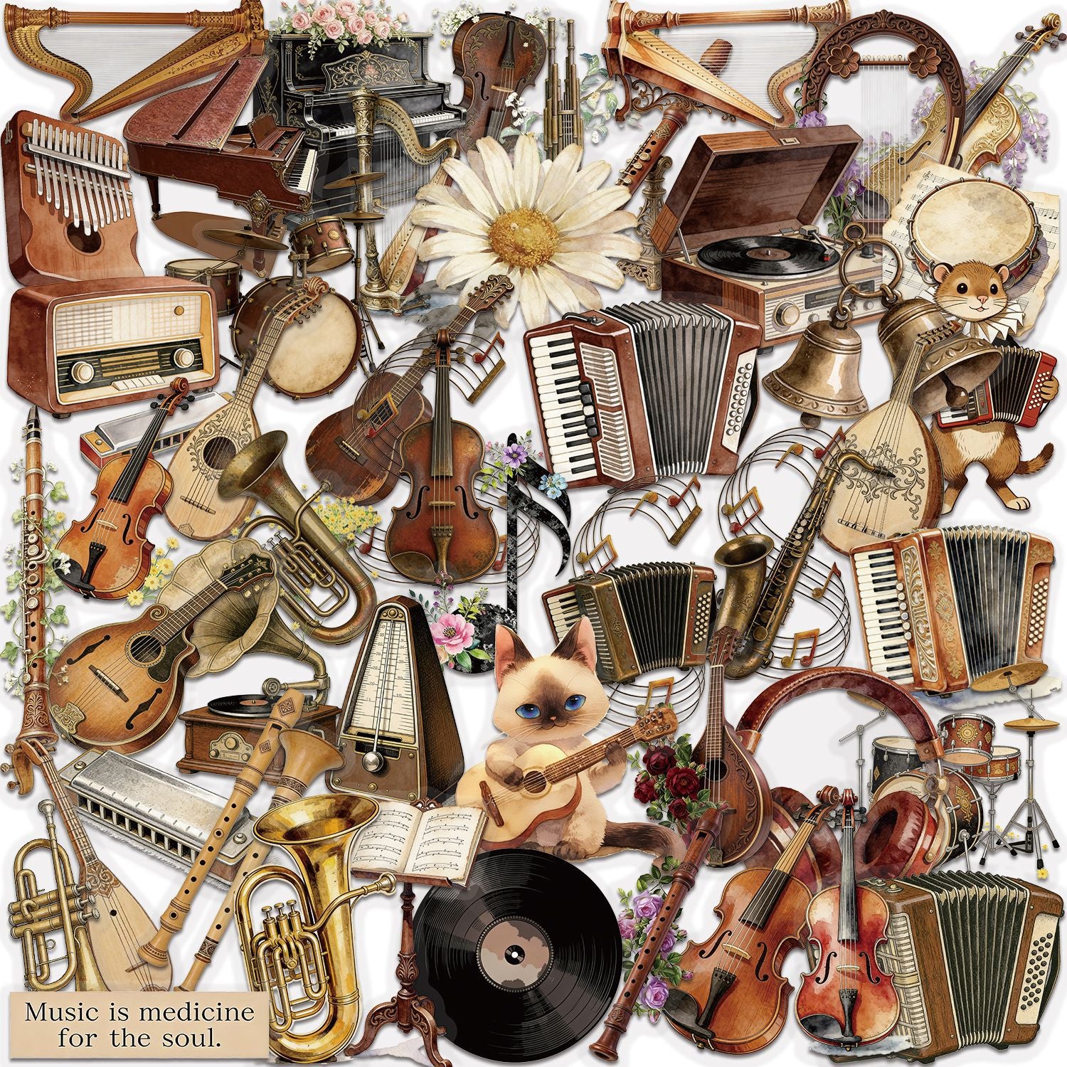 50 Vintage Musical Instruments PET Sticker
