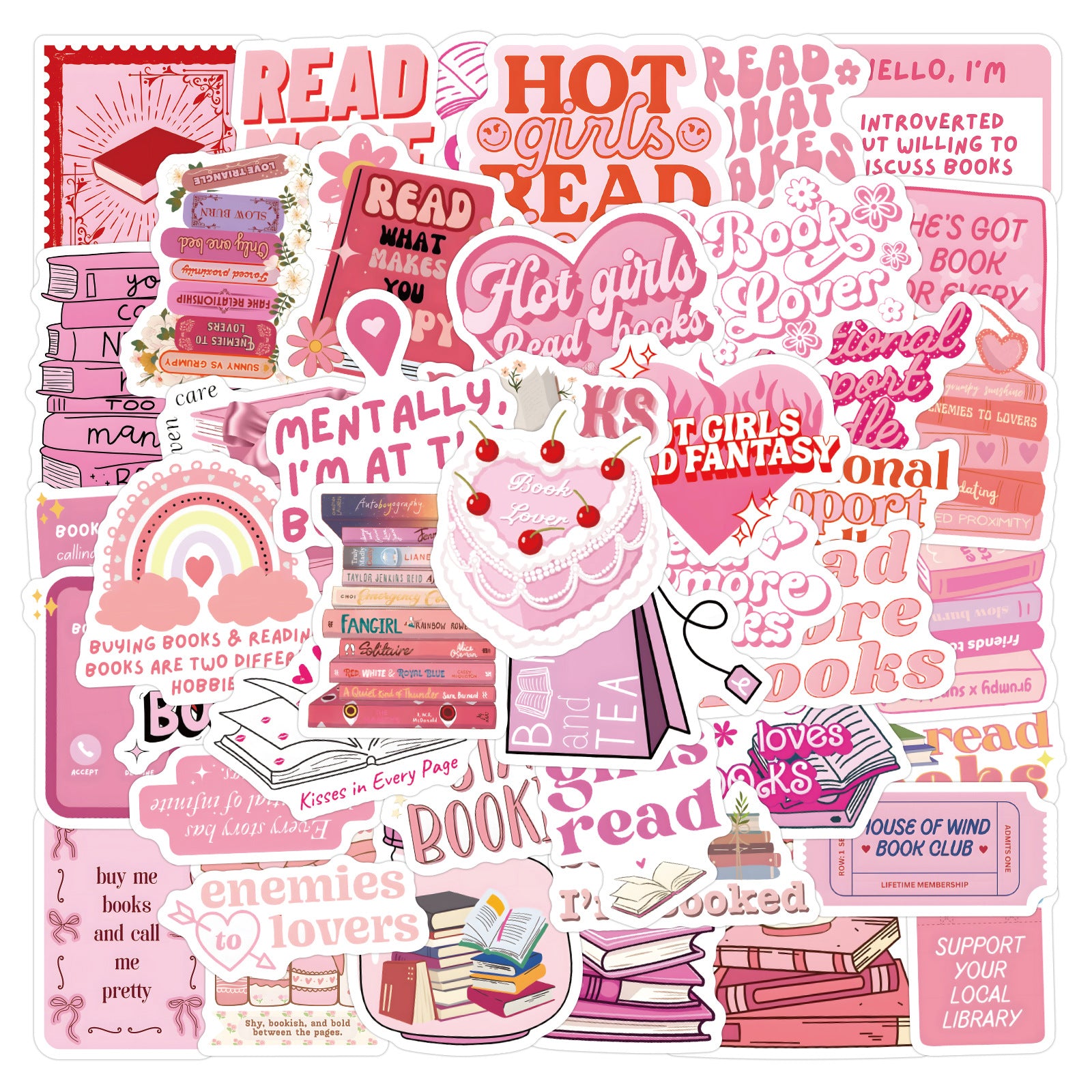 60 Pink Bookish Stickers solid with white border