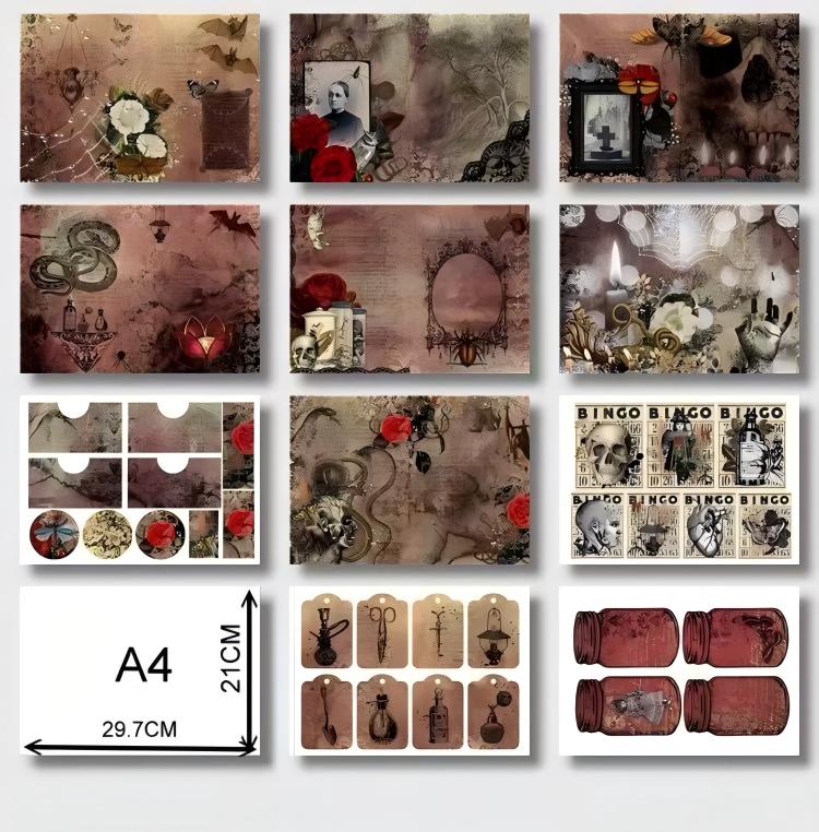 A4 size Vintage Dark Halloween Style paper 11 pcs