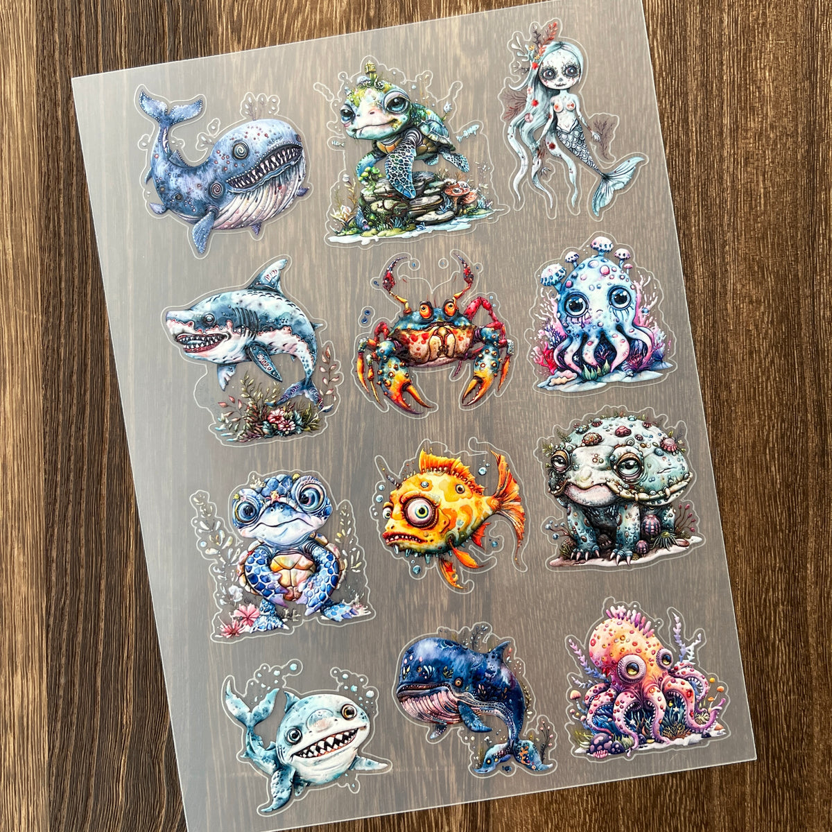 Full dark undersea creatures PET sticker sheet