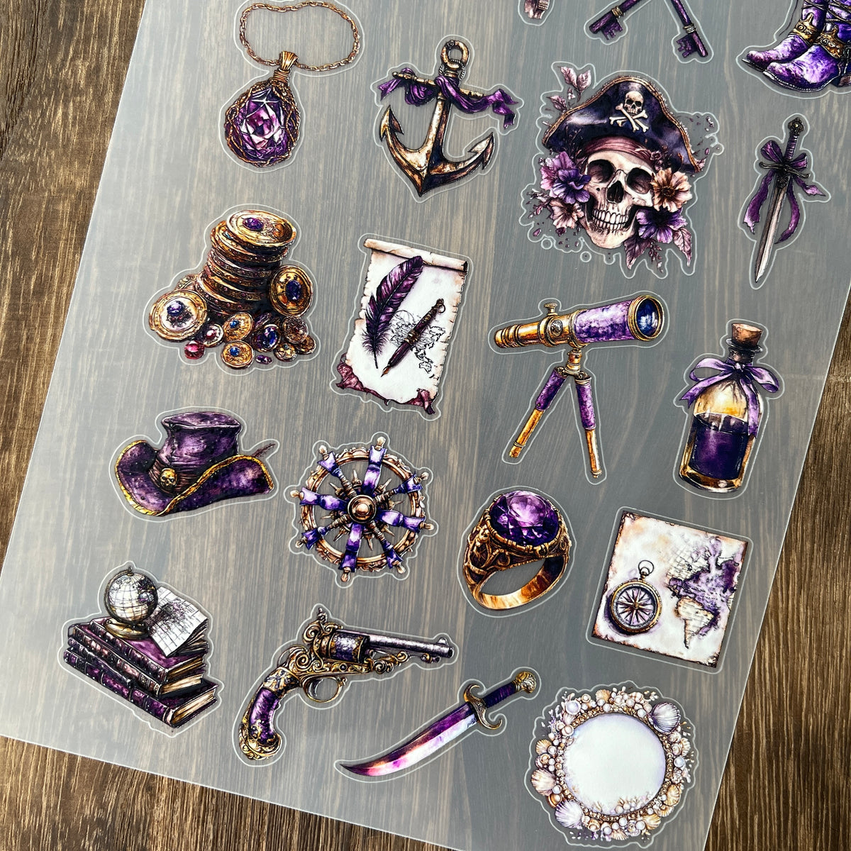 Full purple nautical items PET sticker sheet