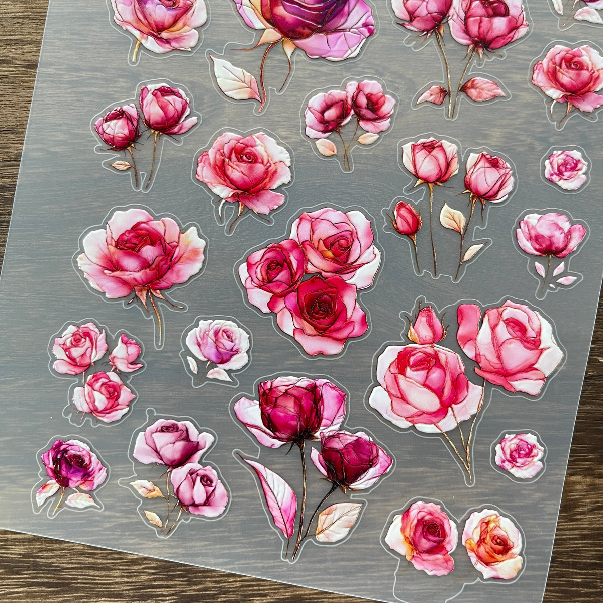 Full pink rose PET sticker sheet