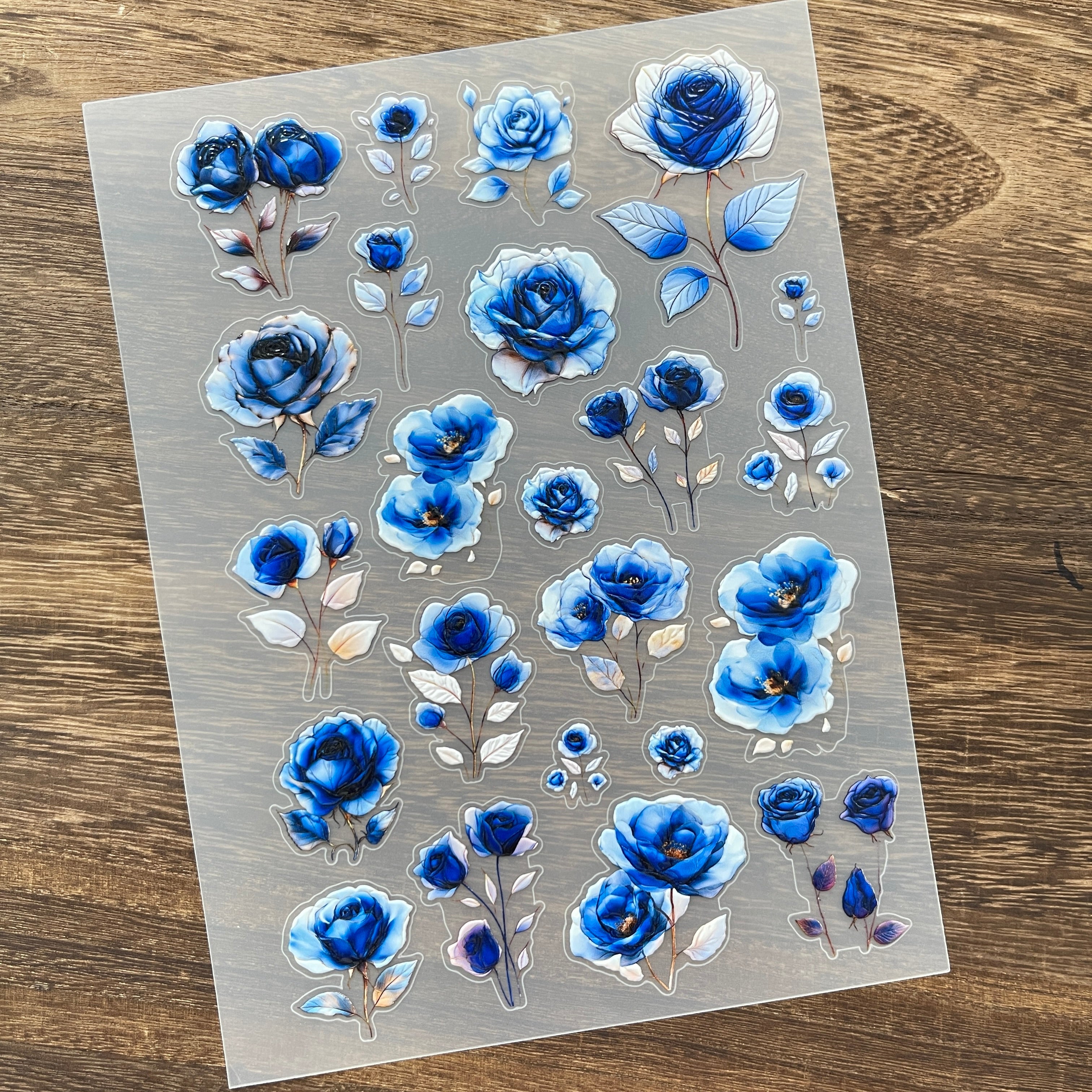 3D Blue roses PET Stickers 1pcs