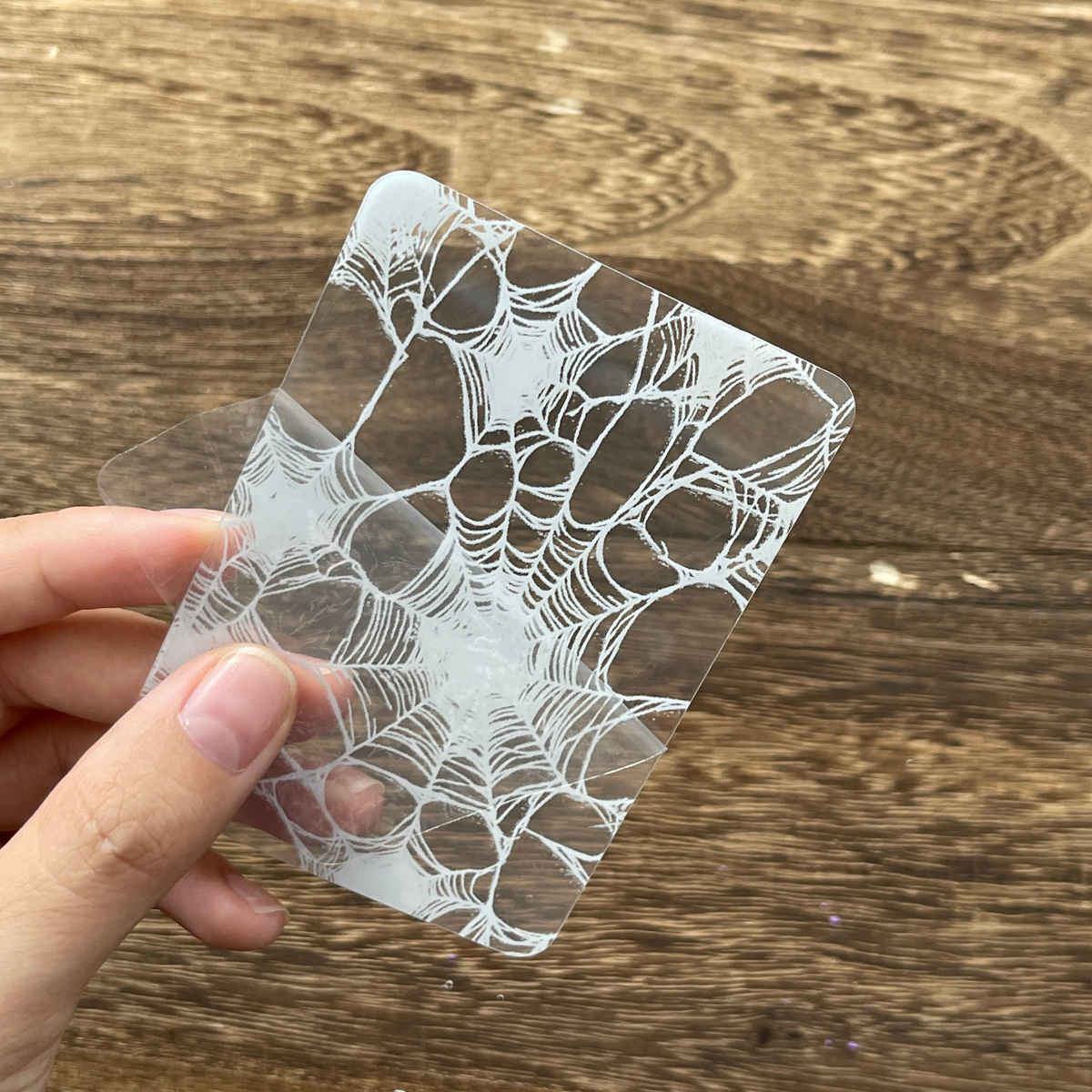 Holding a clear spider web ATC card