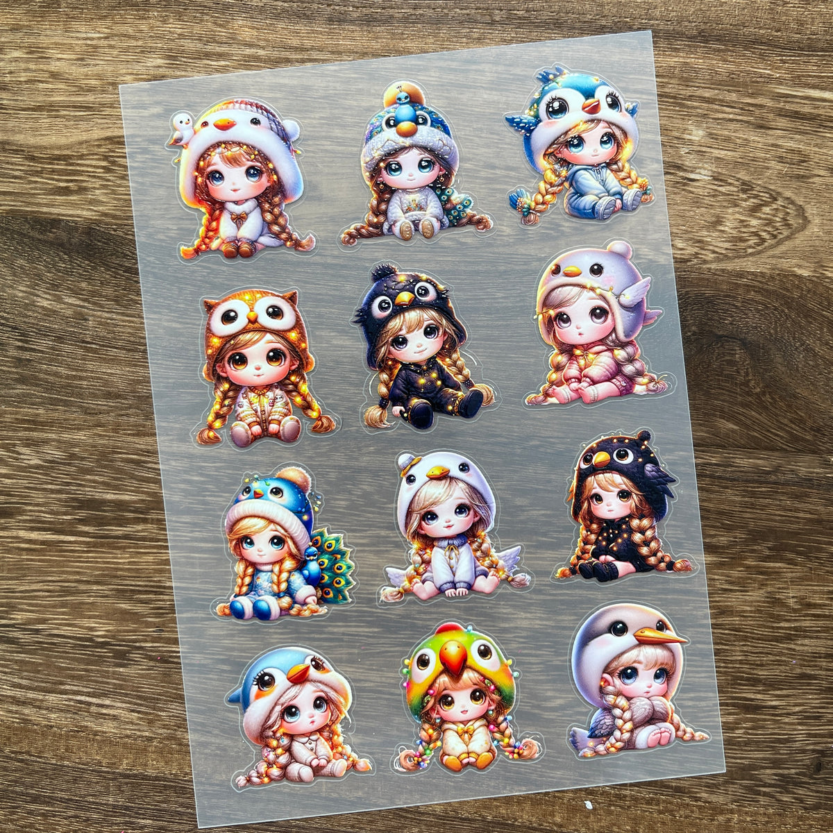 Full girl with a bird hat PET sticker sheet