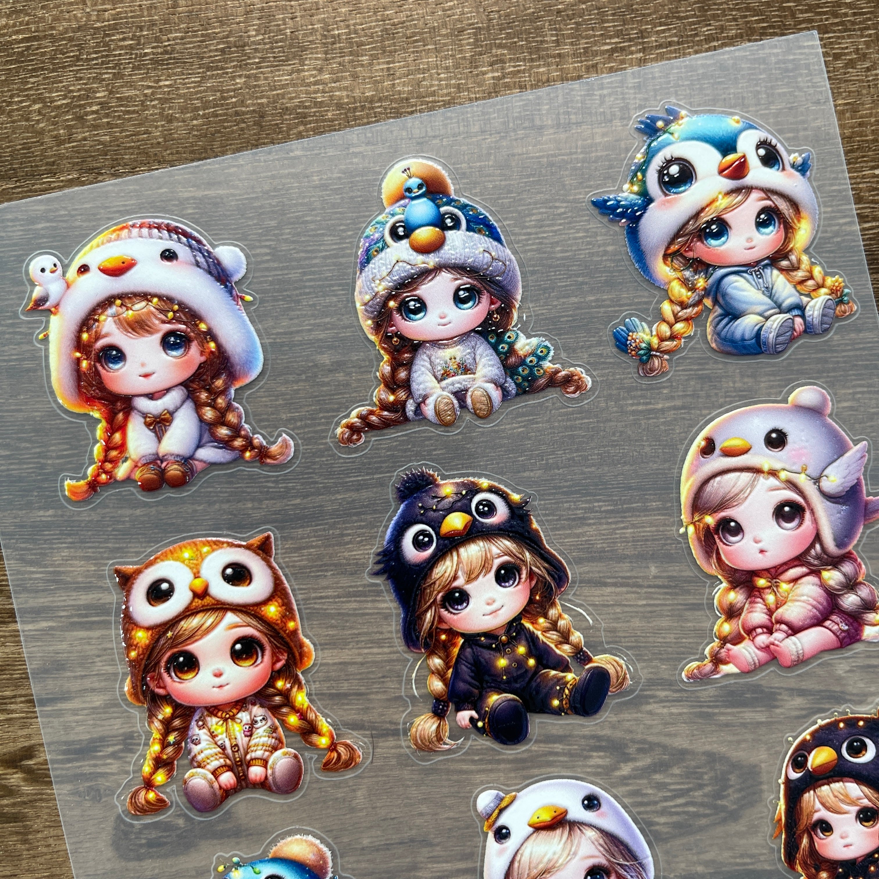 3D Girl with a bird hat PET Stickers 1pcs
