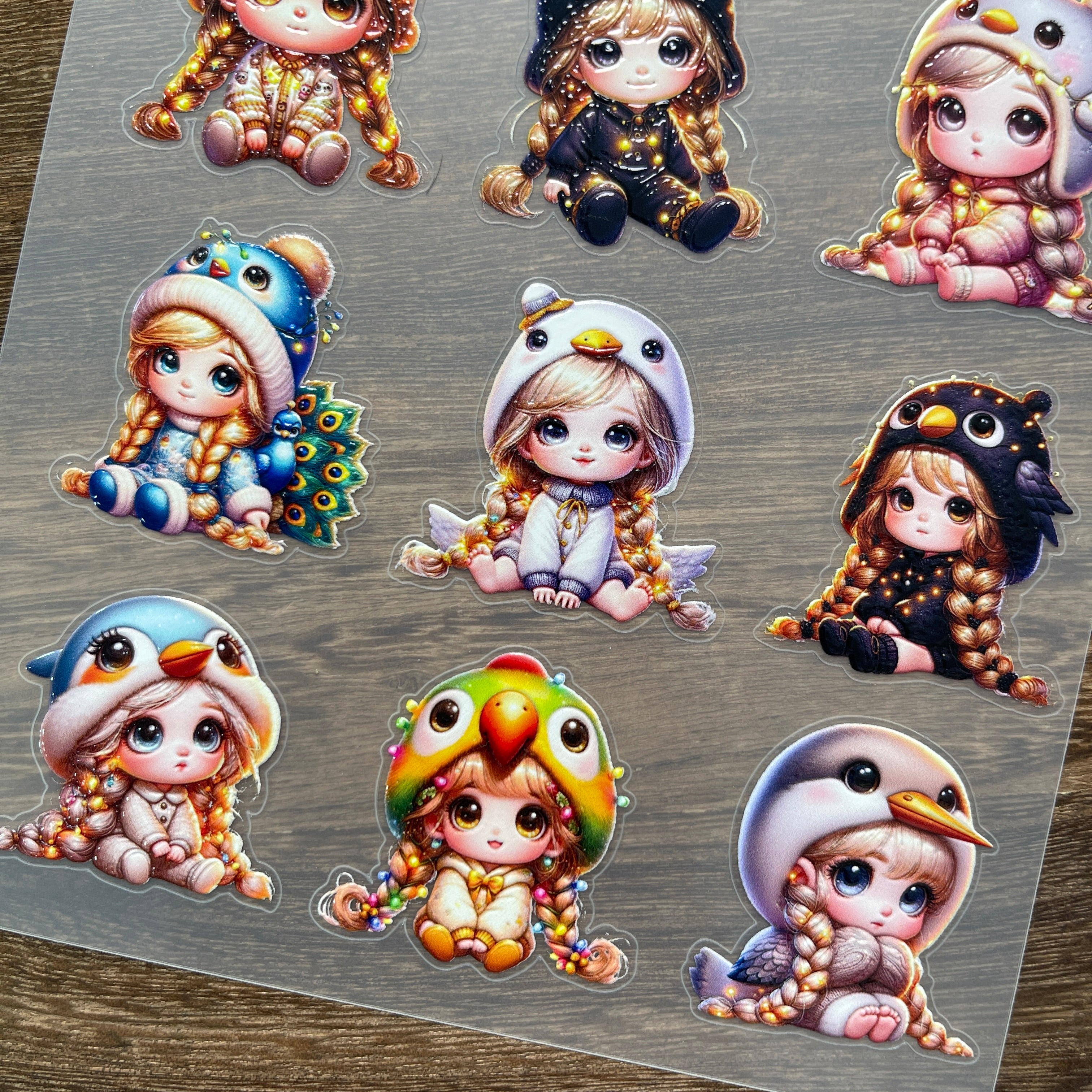 3D Girl with a bird hat PET Stickers 1pcs