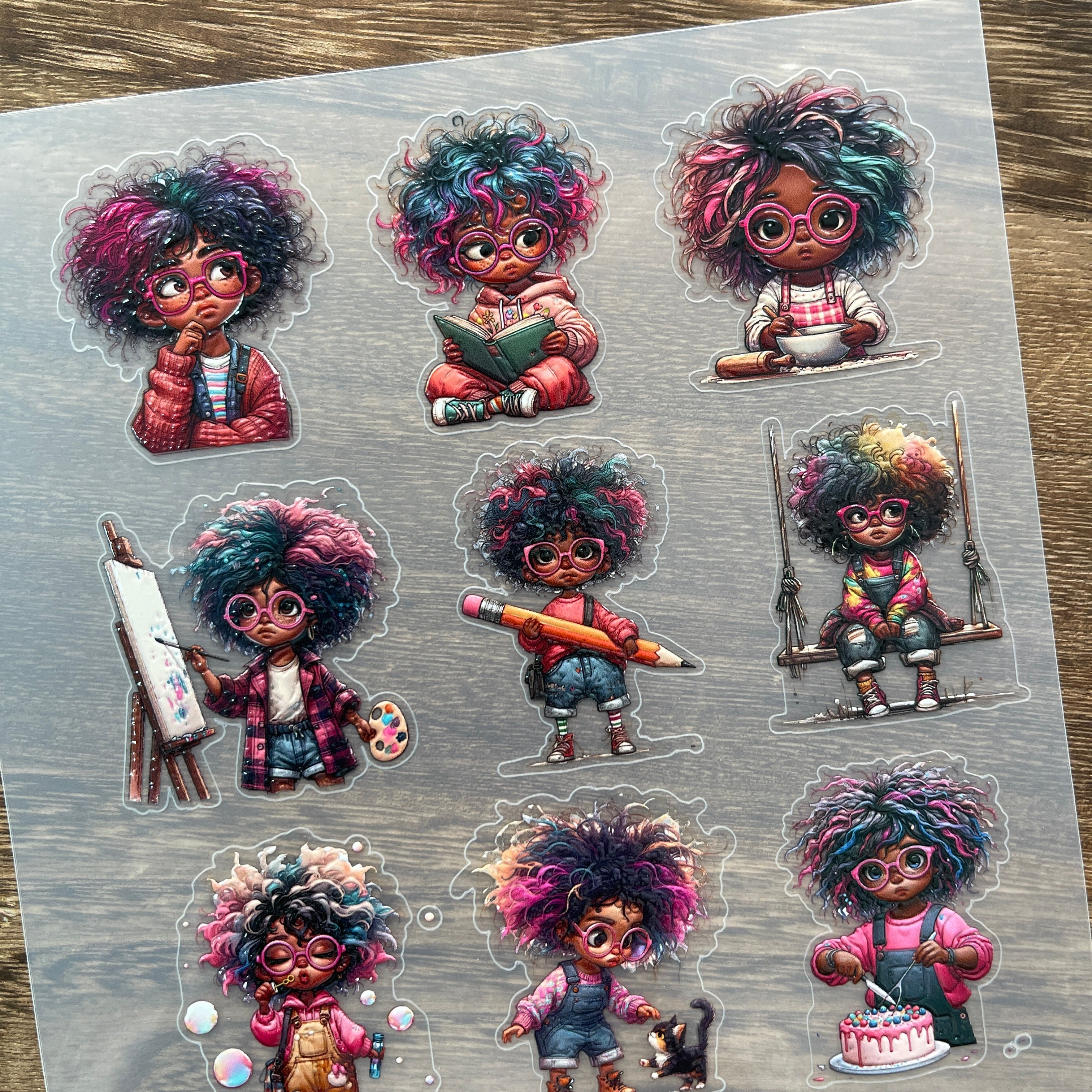 3D Little girl with glasses PET Stickers 1pcs