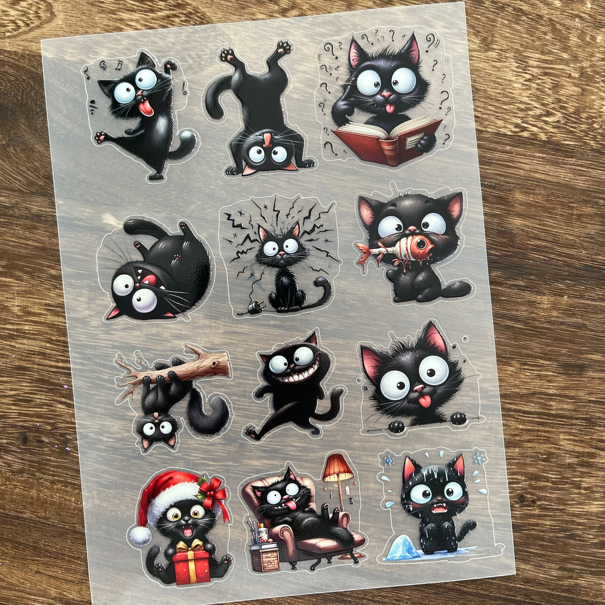 Full mischievous black cat PET sticker sheet