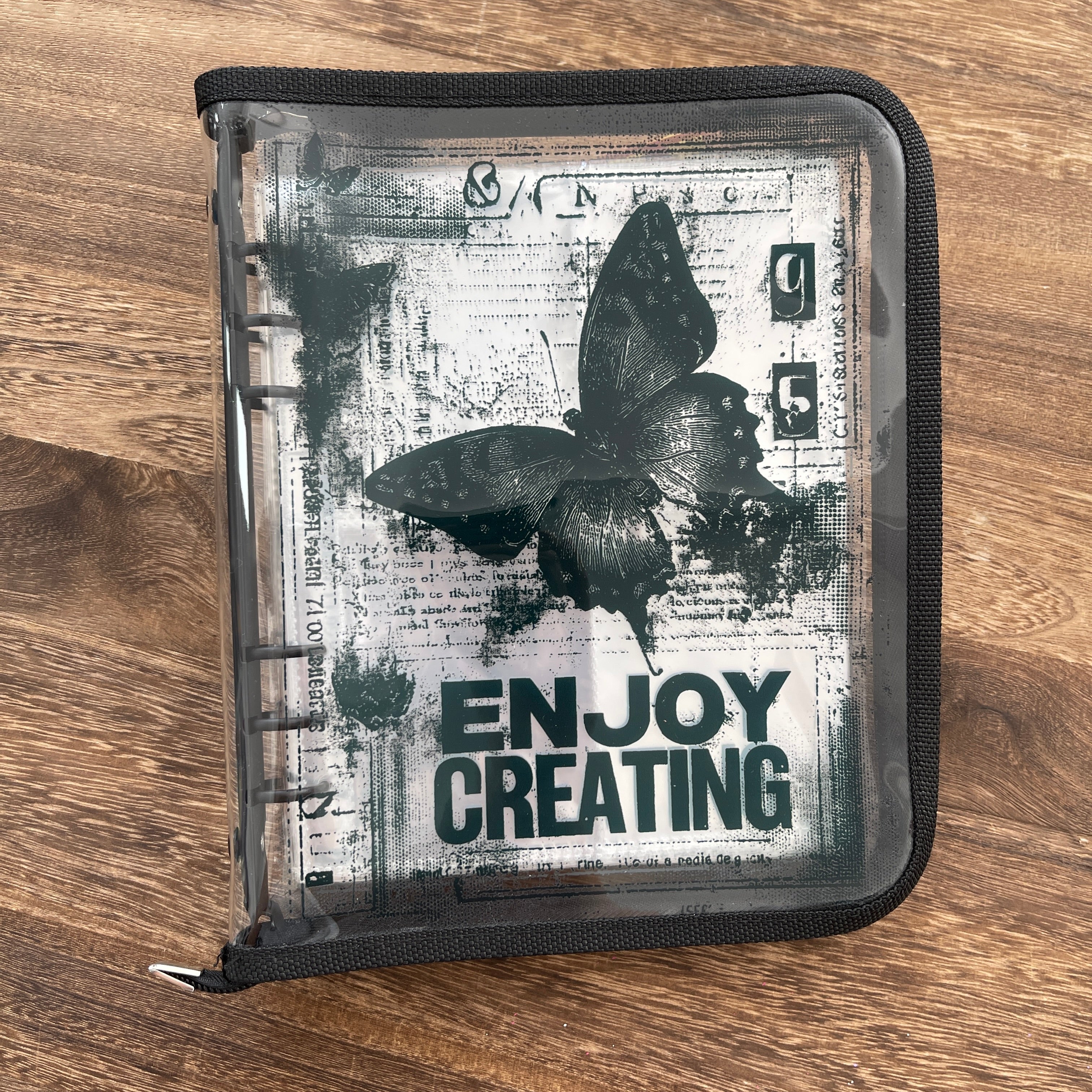 A5 Black butterfly clear binder with Zipper + 50 Pcs pocket insert, ATC cards storage book