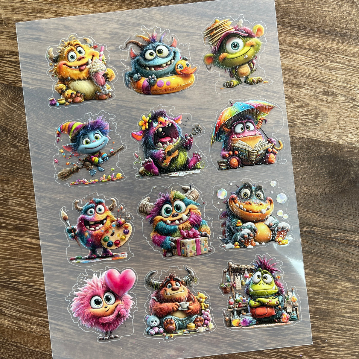 Full colorful funny monsters PET sticker sheet