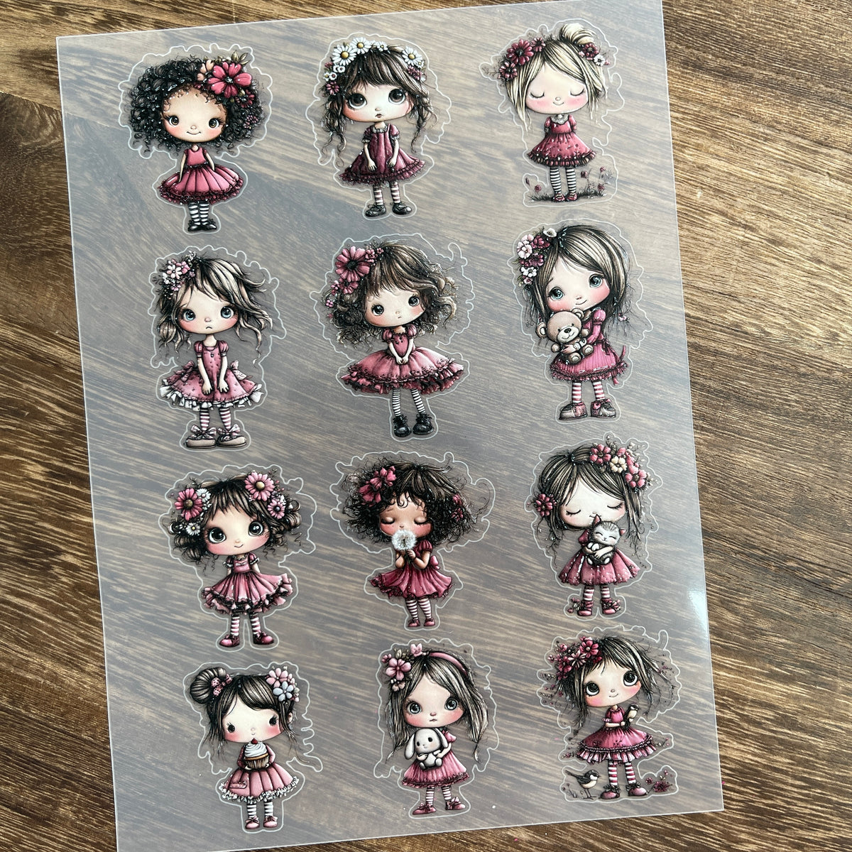 Full cute girl in pink PET sticker sheet