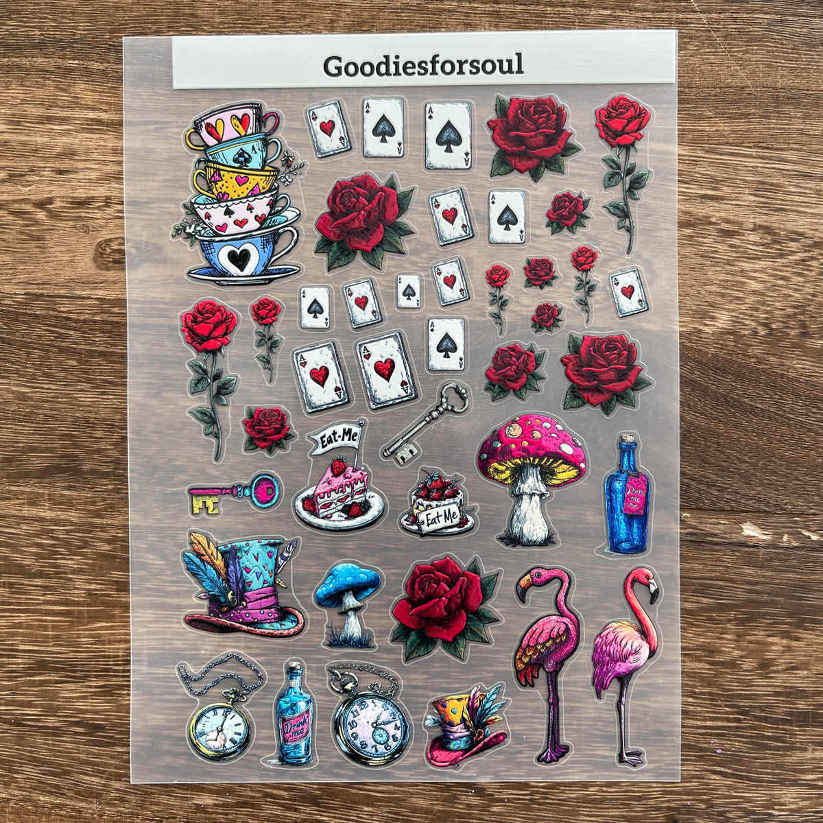 Full Wonderland PET sticker sheet – Teacups, Roses, Mushrooms & Flamingos