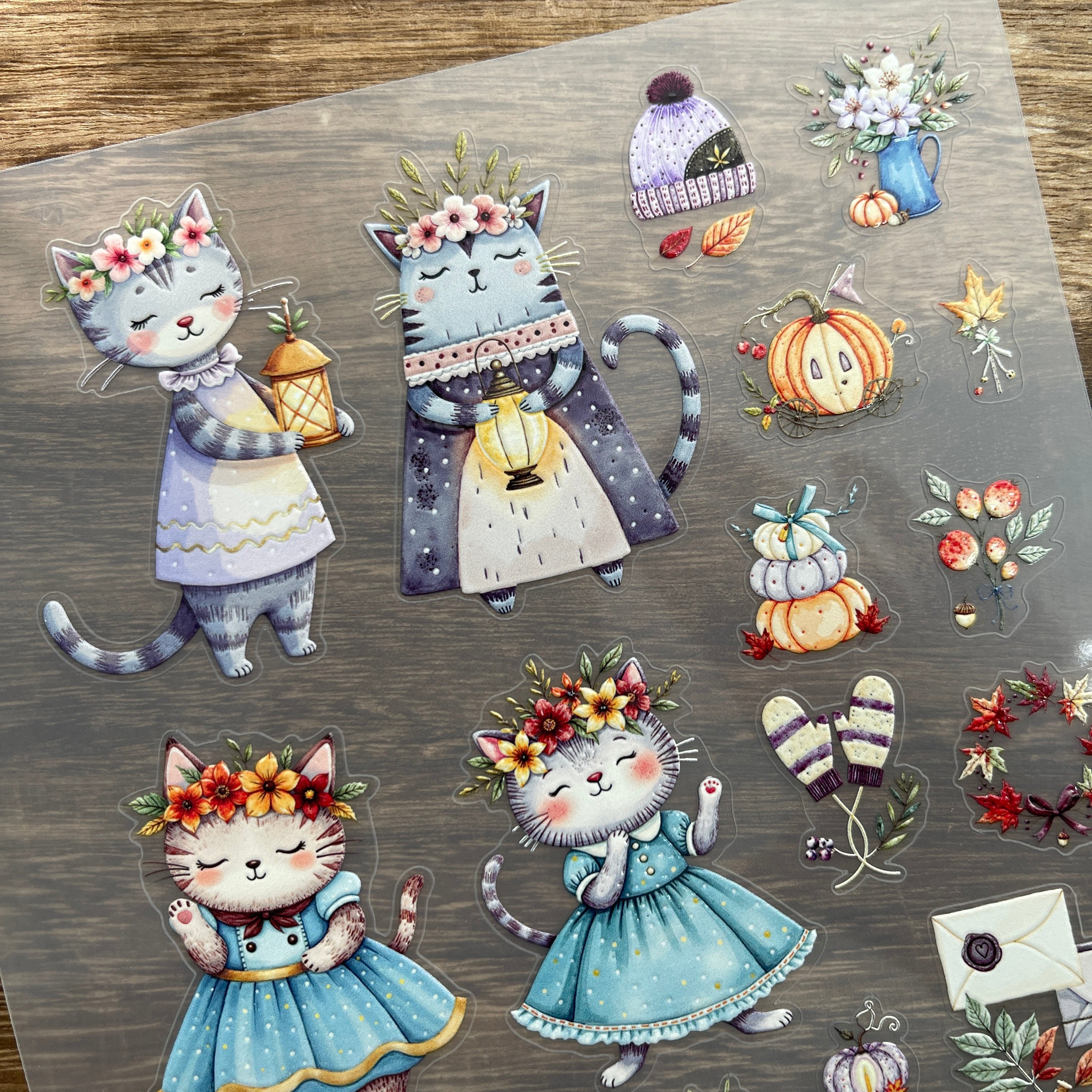 3D Autumn flowers cats PET Stickers 1pcs