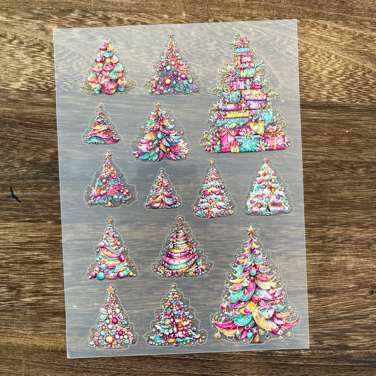 Full colorful christmas tree PET sticker sheet