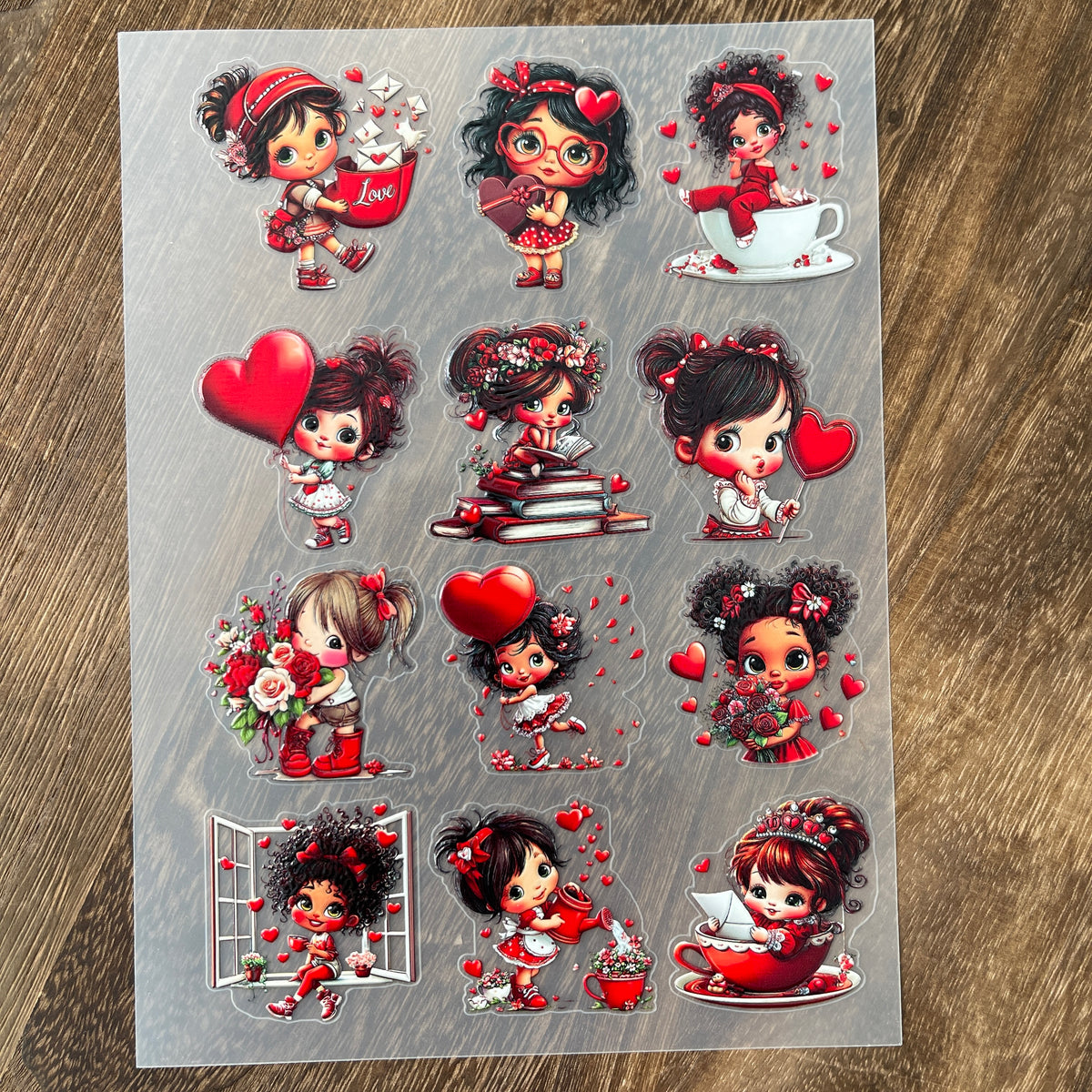 Full red valentine's day girl PET sticker sheet