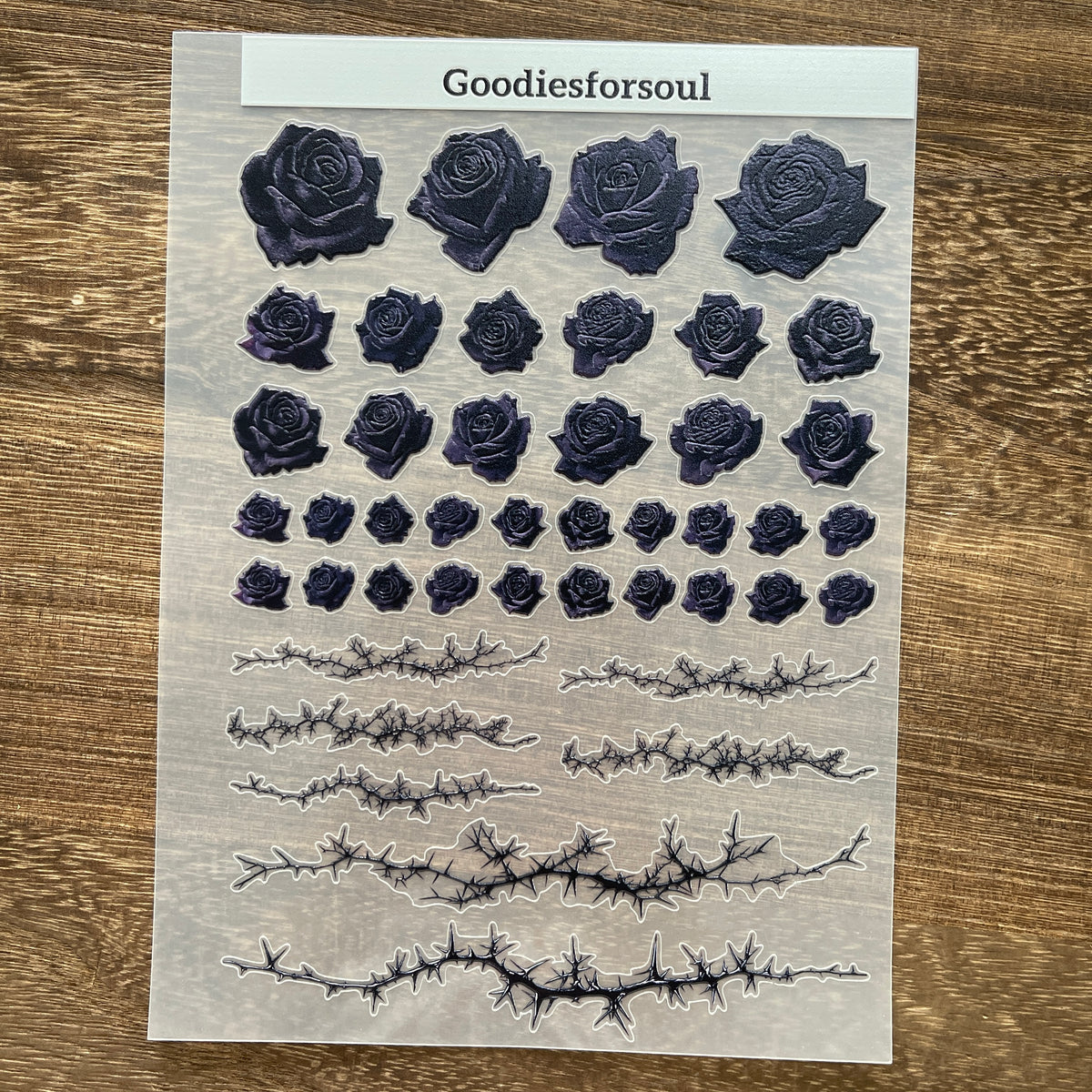 Full black rose thorns PET sticker sheet