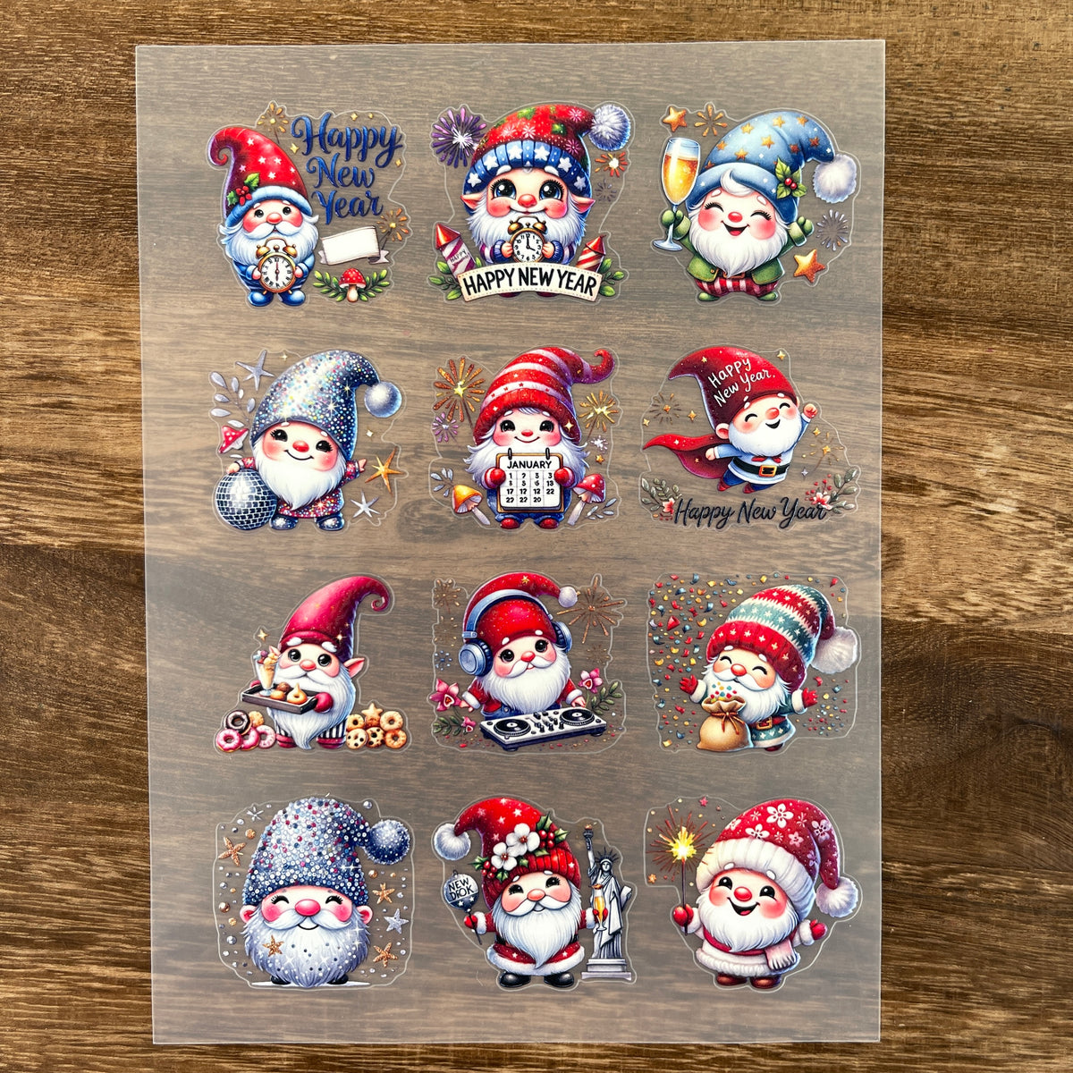 Full new year gnome PET sticker sheet