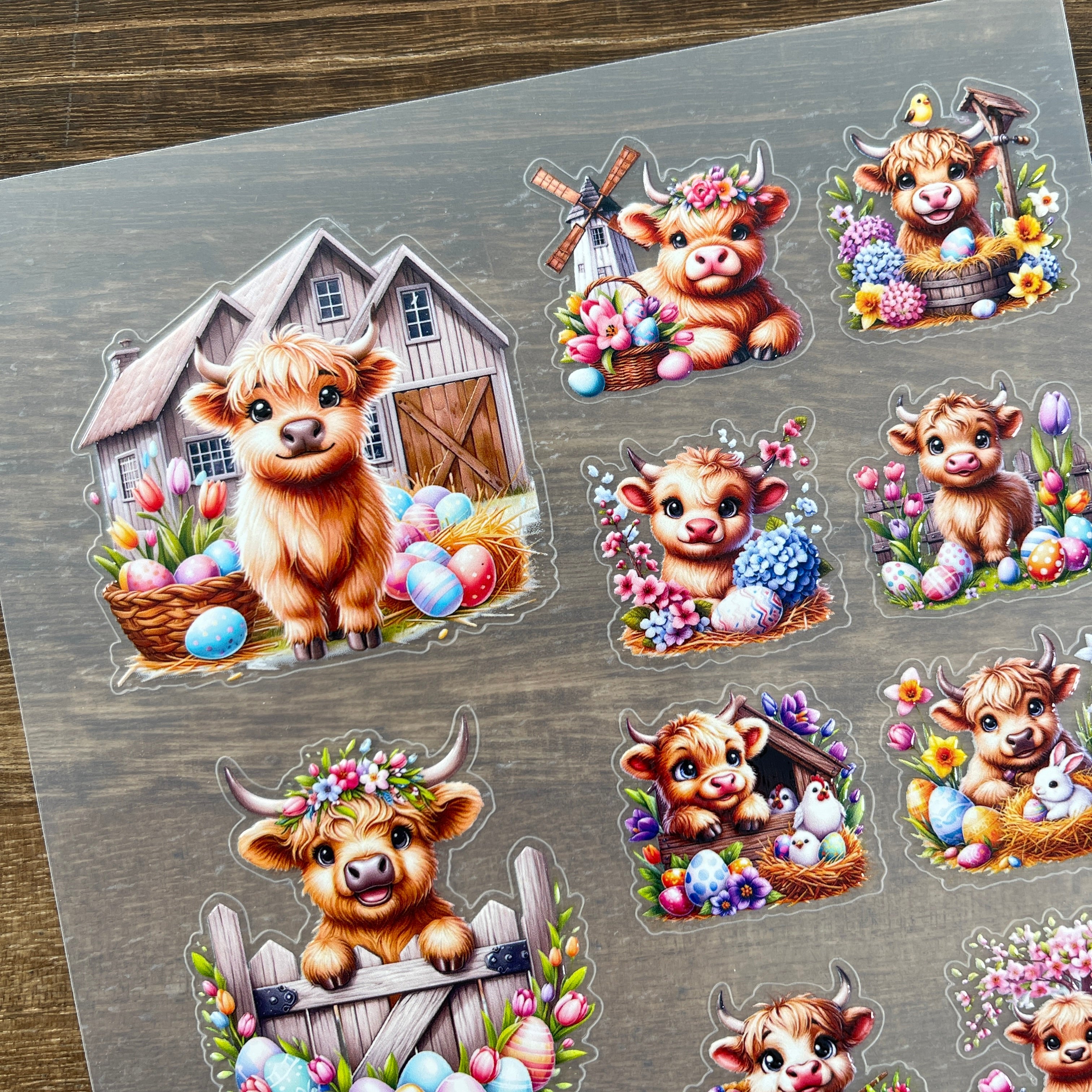 3D Easter Spring Highland Cattle PET Sticker 1 Pcs