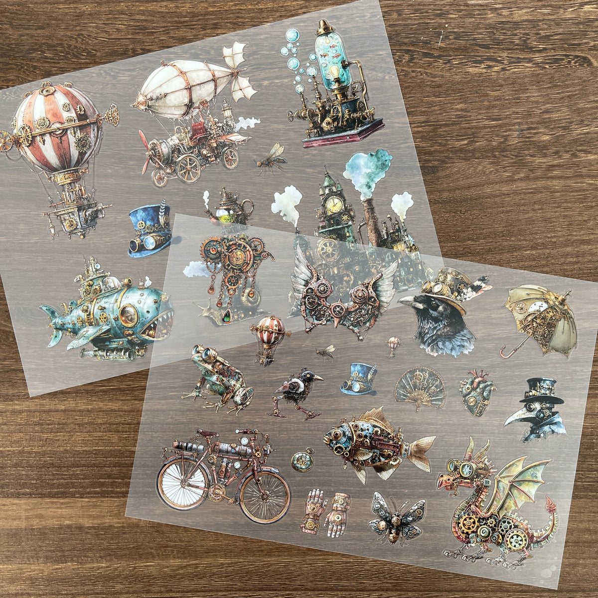 Vintage Steampunk sticker sheets overlapped