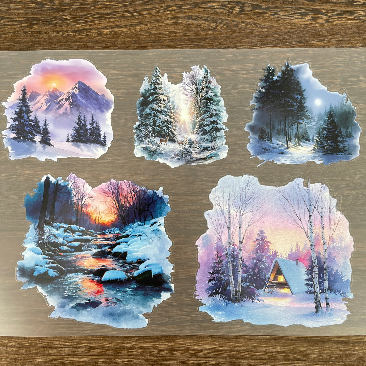 Winter sunset and cabin stickers