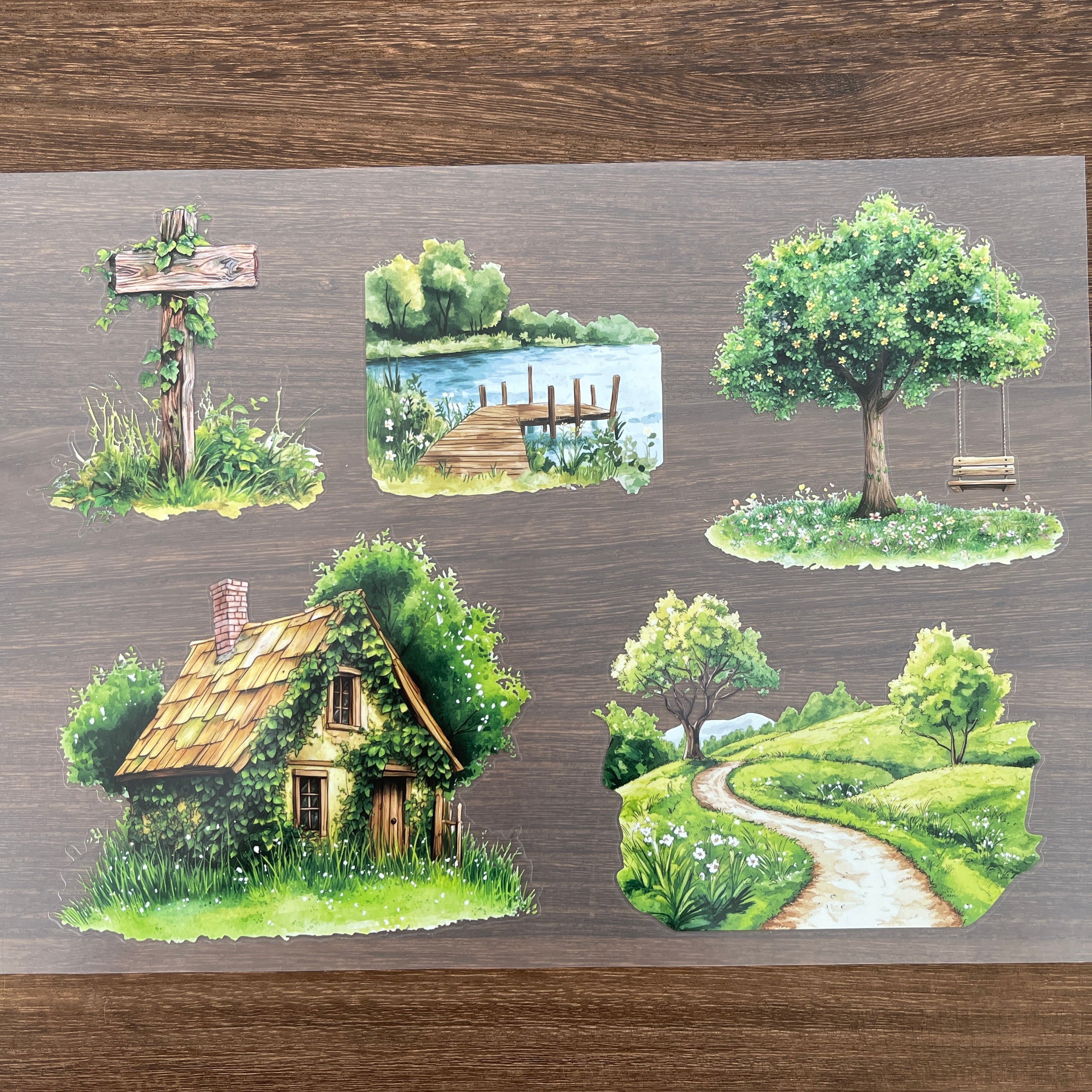 A4 Green scenery matte PET pre-cut large sticker 1 pack 2 sheets