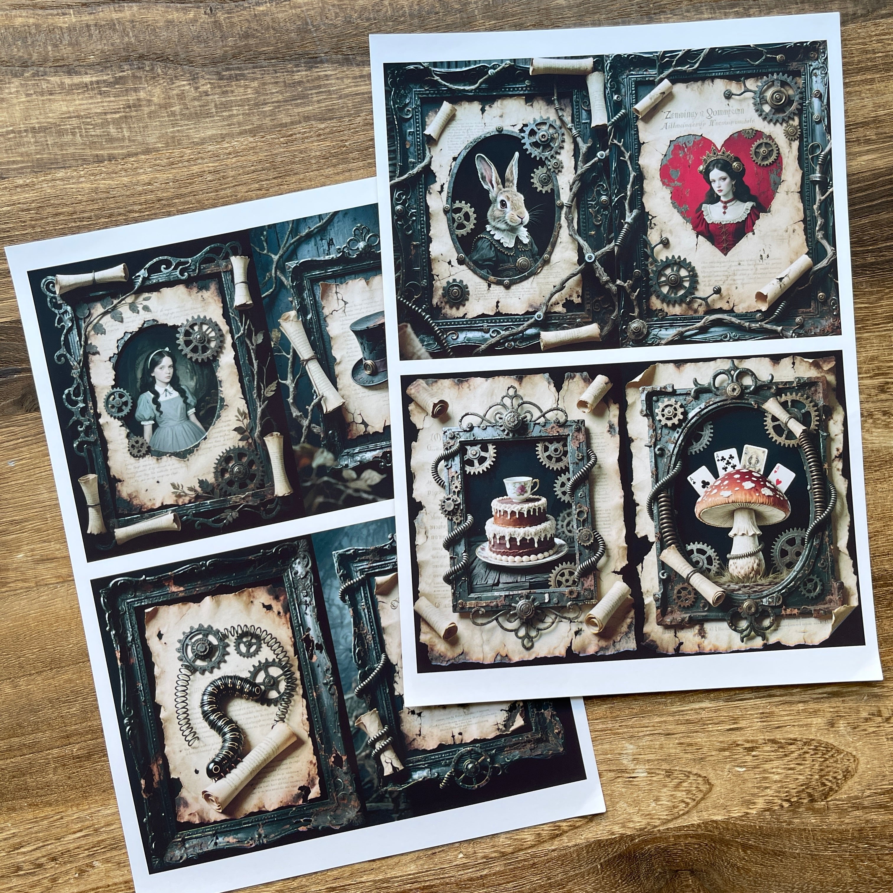 A4 size Vintage Steampunk Alice Style paper 2 pcs