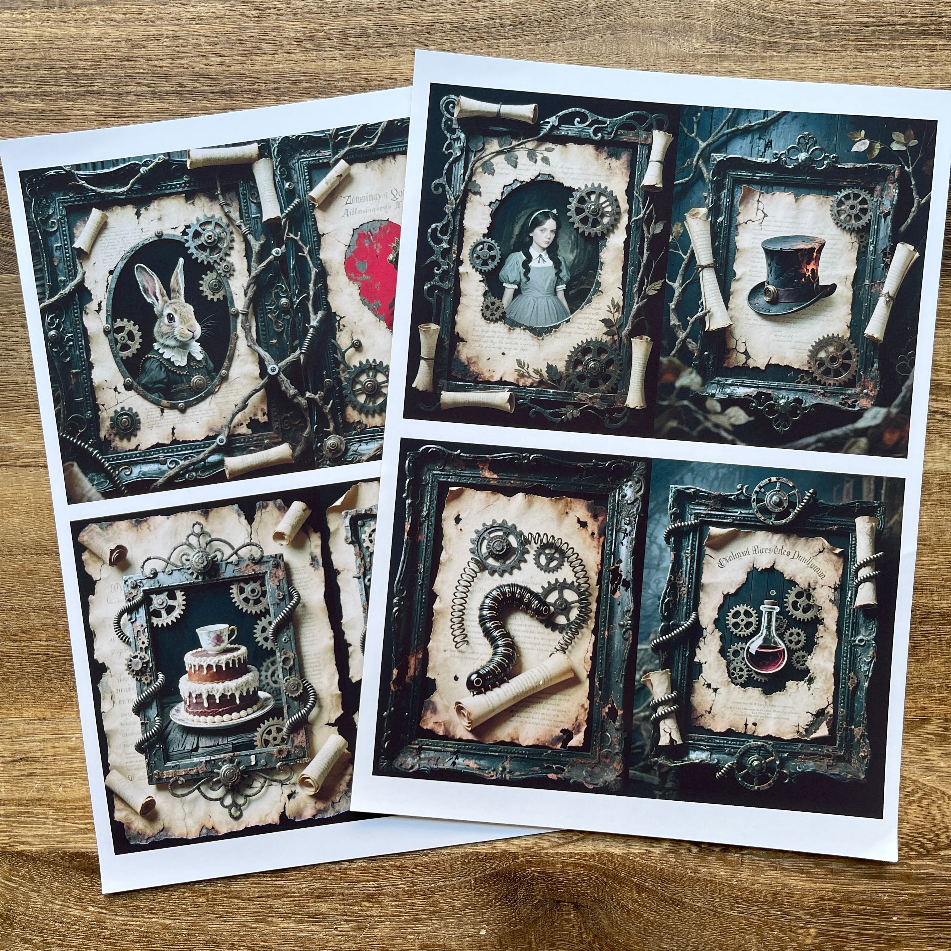 A4 size Vintage Steampunk Alice Style paper 2 pcs