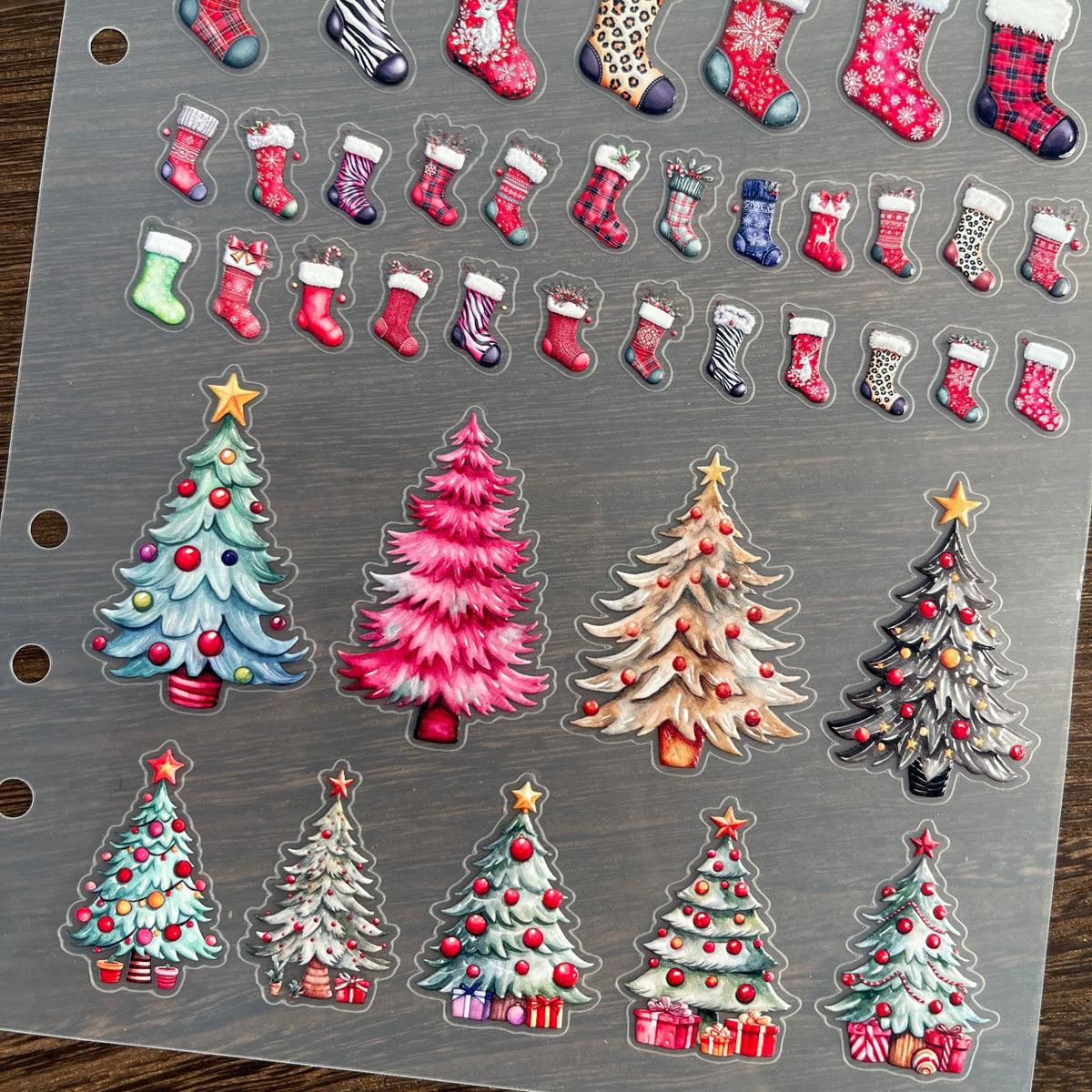 Full christmas stockings & trees PET sticker sheet