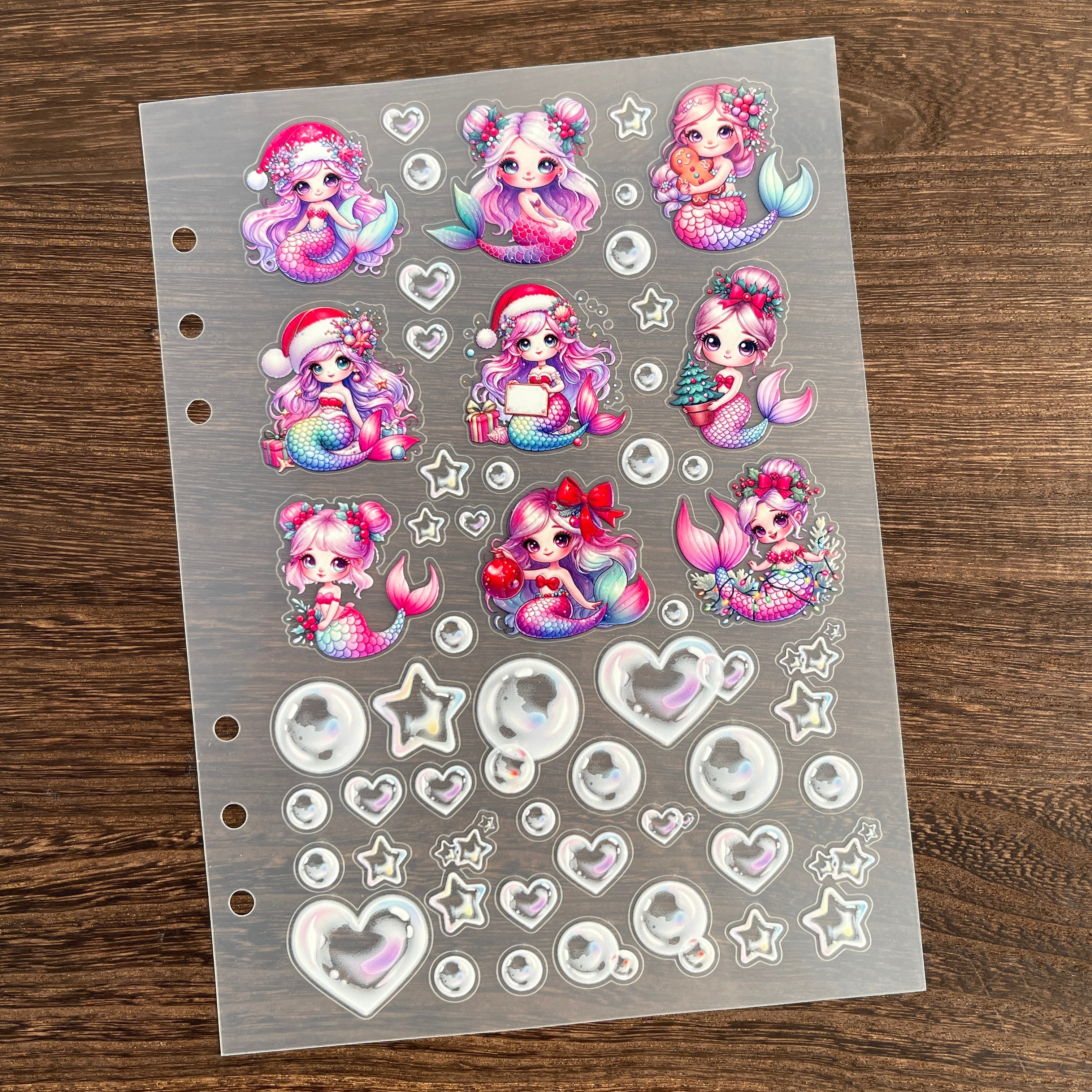 3D Christmas Mermaid and Bubbles PET Sticker 1 Pcs