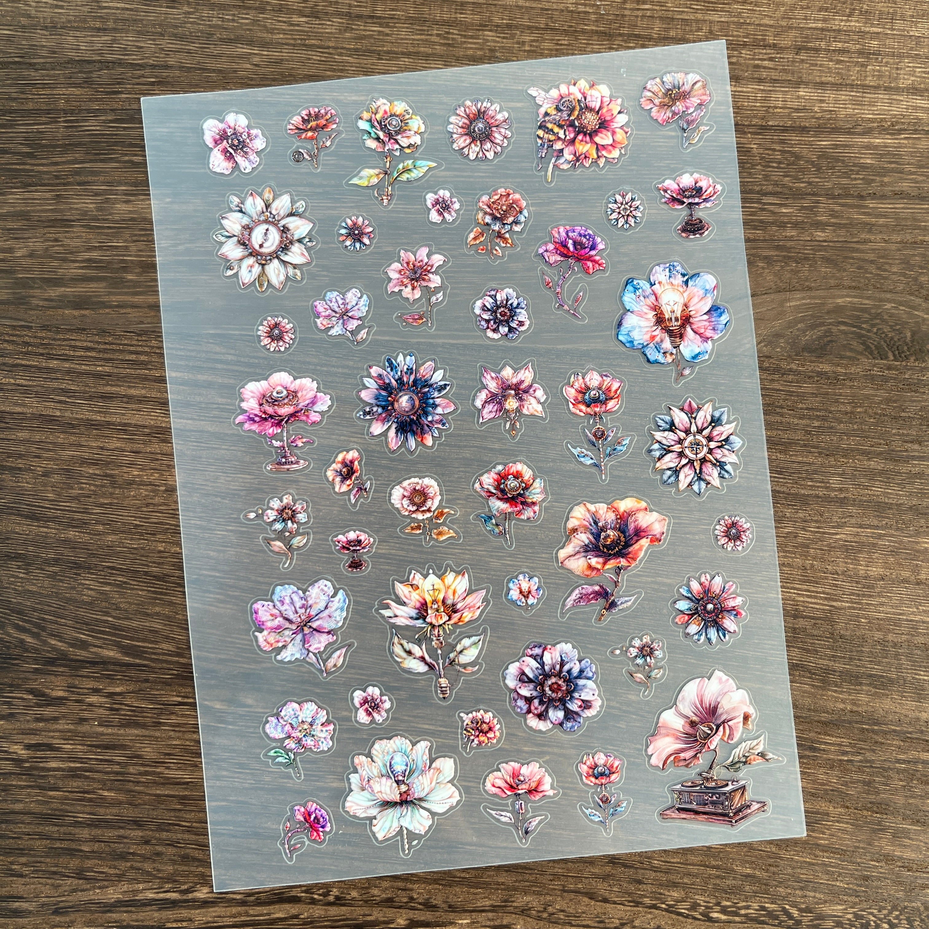 3D Steampunk flower PET Sticker 1 Pcs