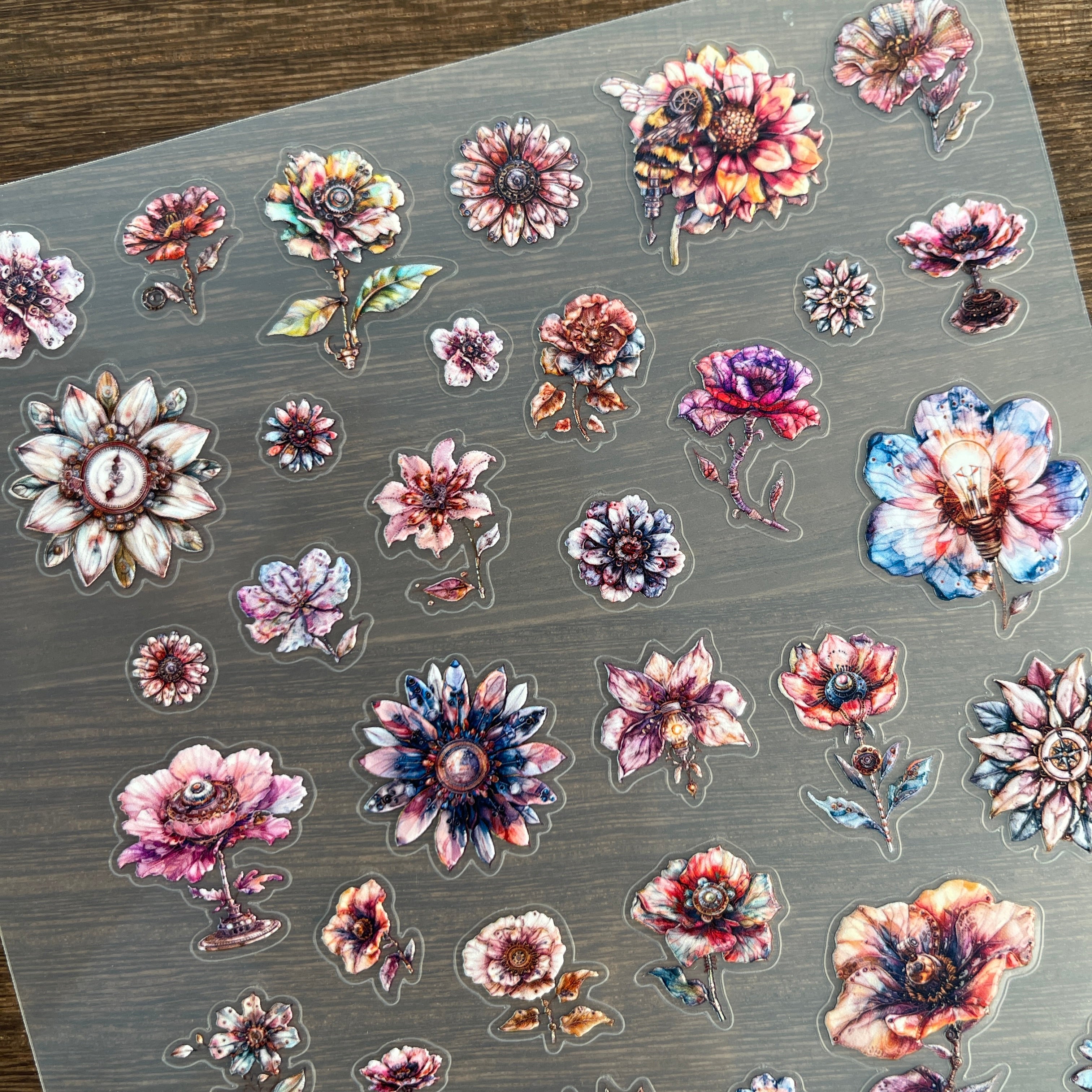 3D Steampunk flower PET Sticker 1 Pcs