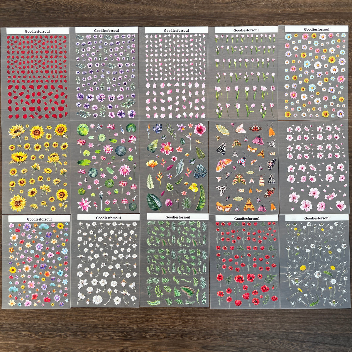 Floral sticker sheets laid out