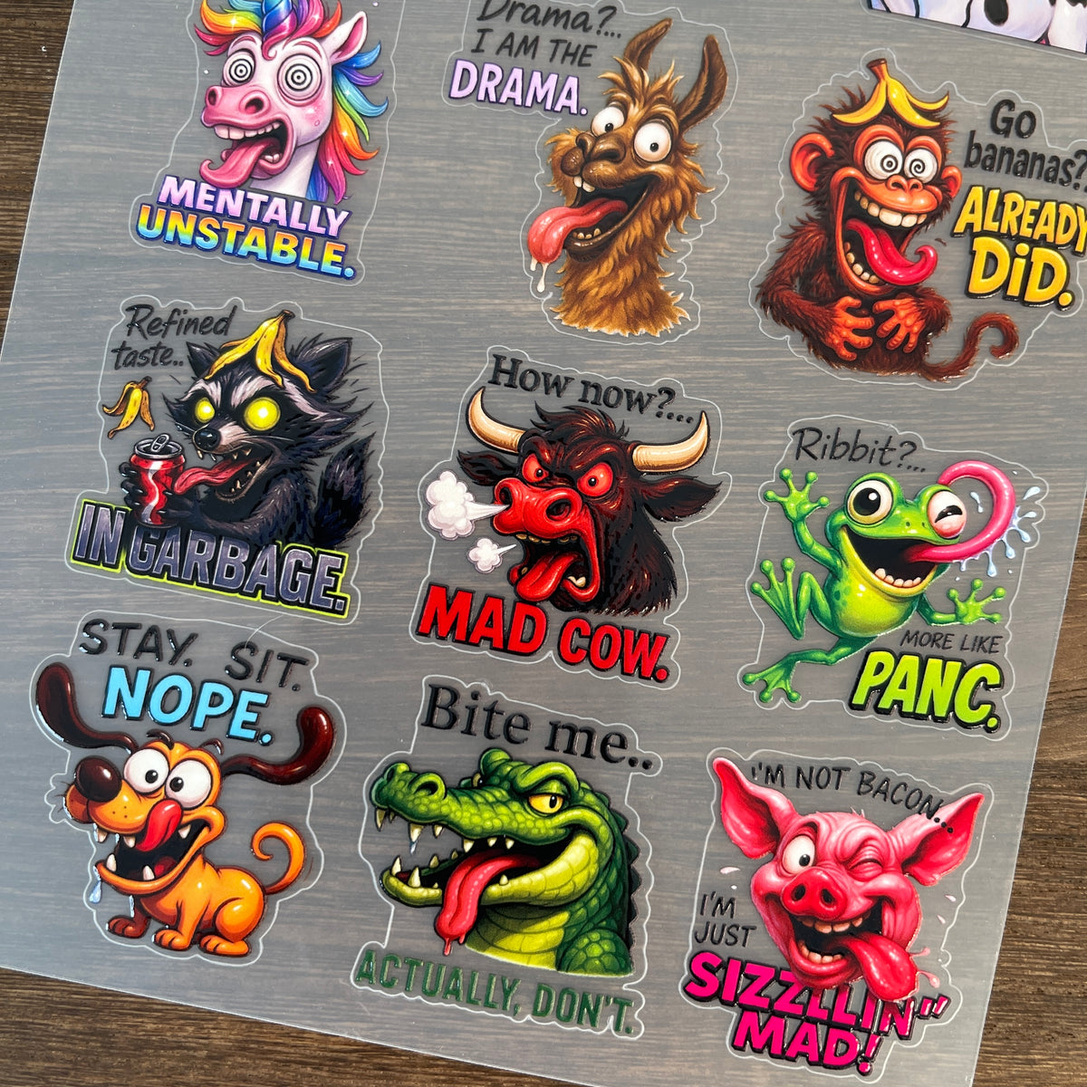 Full fun animal slogans PET sticker sheet
