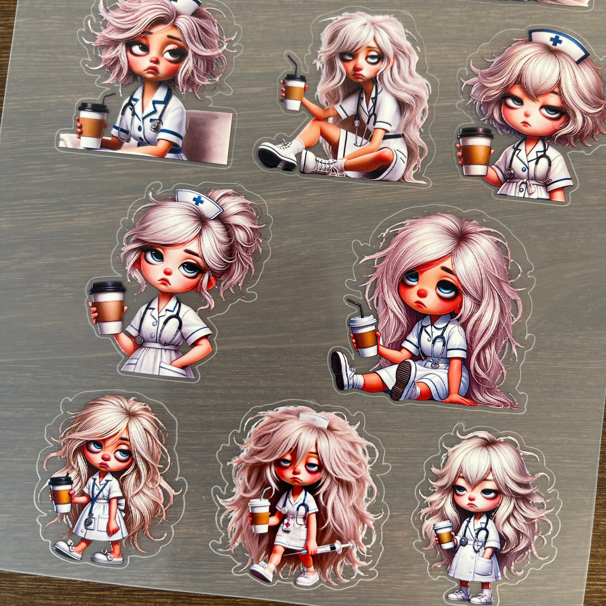 Full coffee-loving nurse girl PET sticker sheet