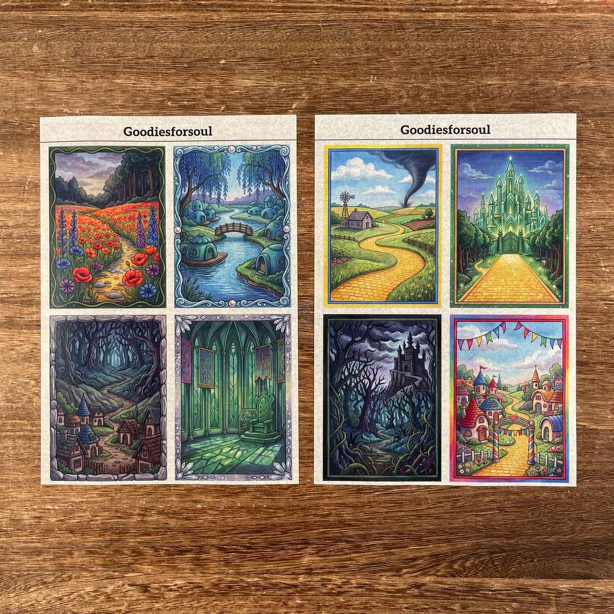 Two Wizard of Oz background washi sticker sheets with Emerald City scenes