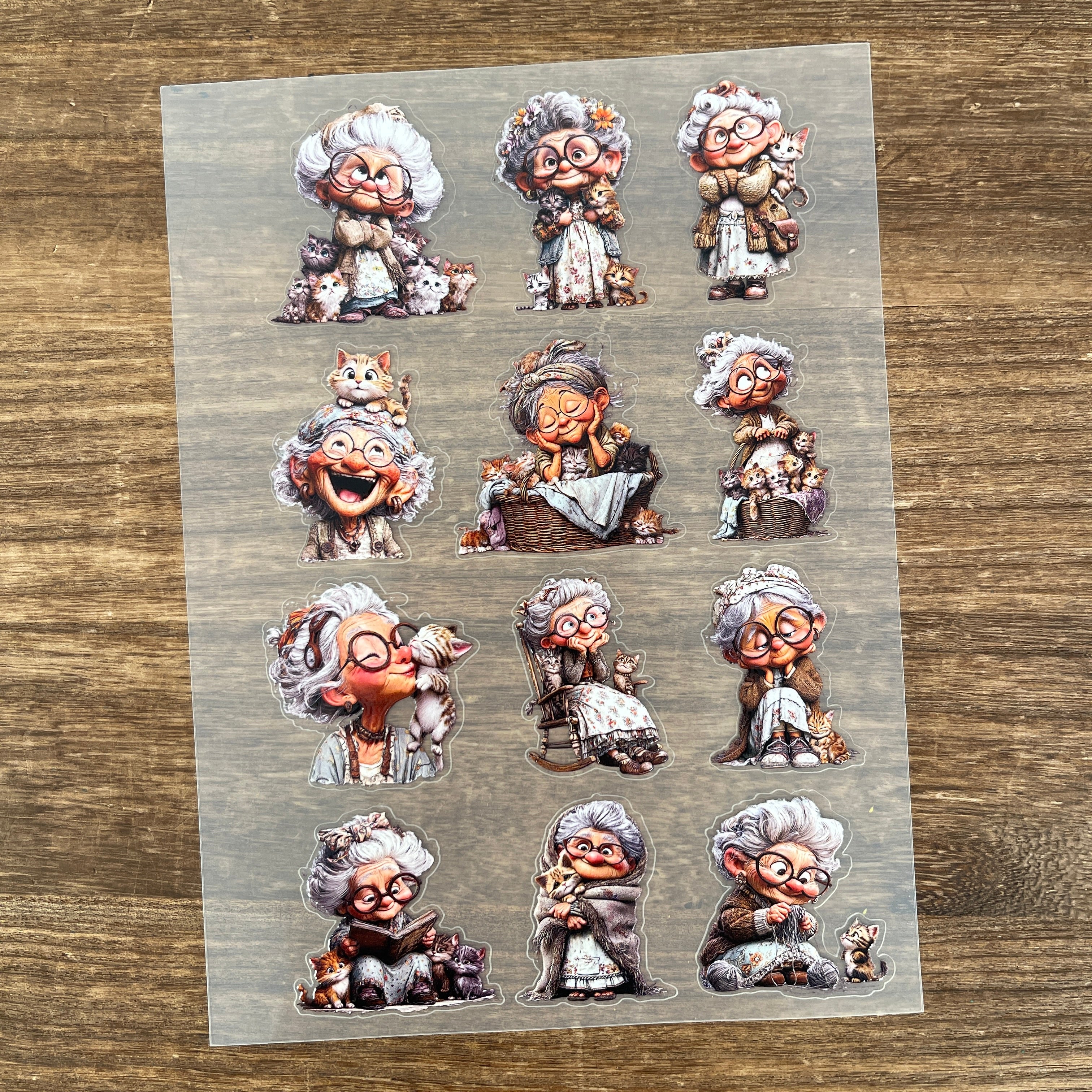 3D Grandmother and cat PET Sticker 1 Pcs