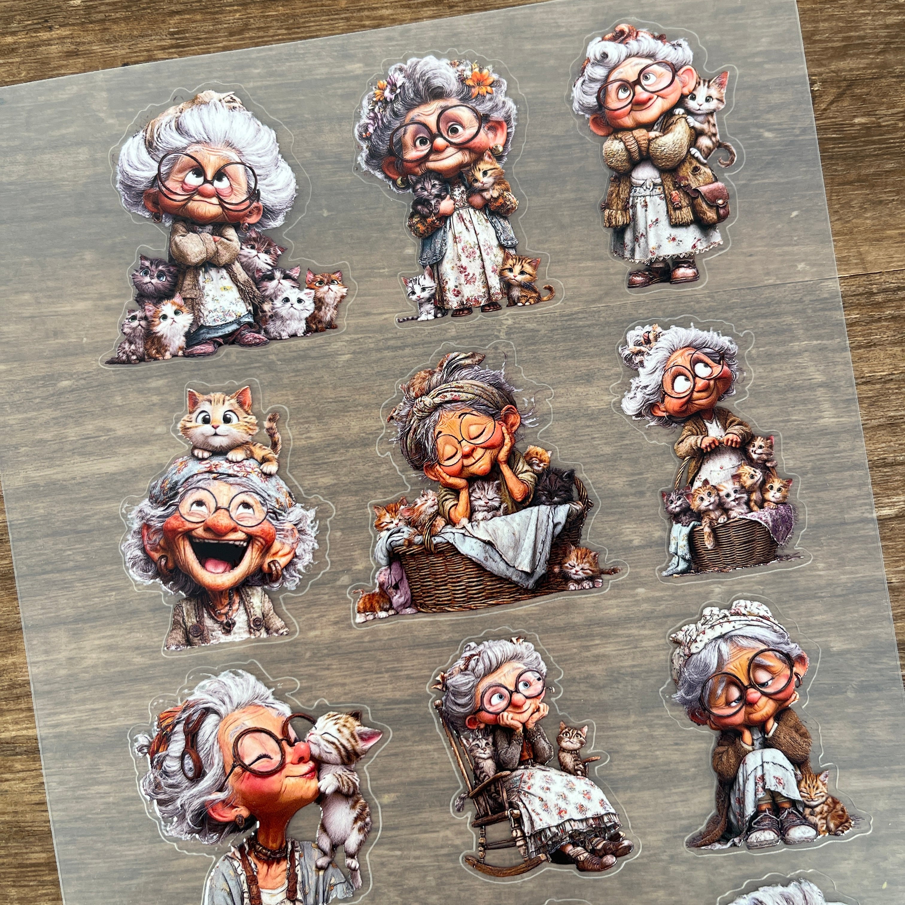 3D Grandmother and cat PET Sticker 1 Pcs