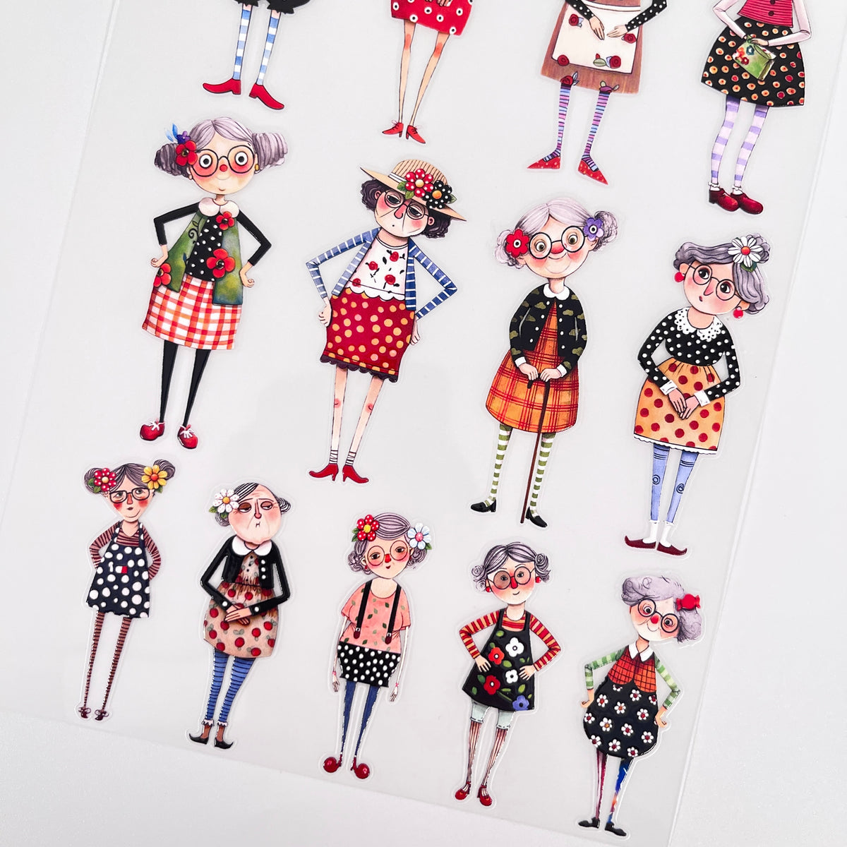 Full quirky fashion granny PET sticker sheet