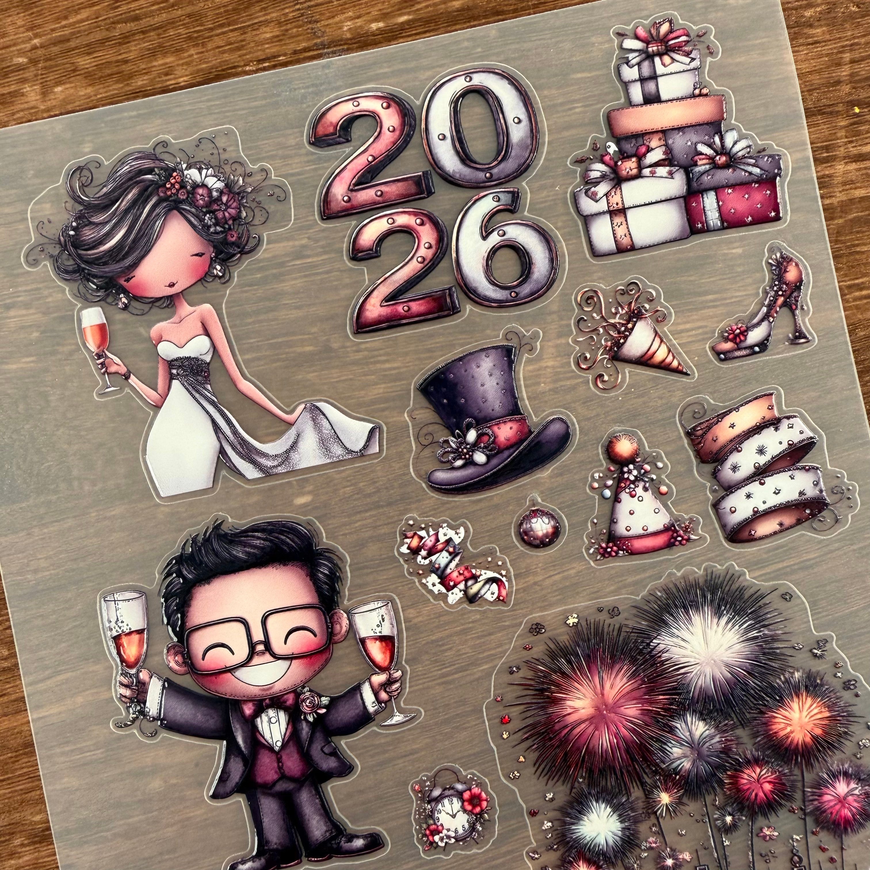 3D Celebrating 2026 PET Stickers 1pcs