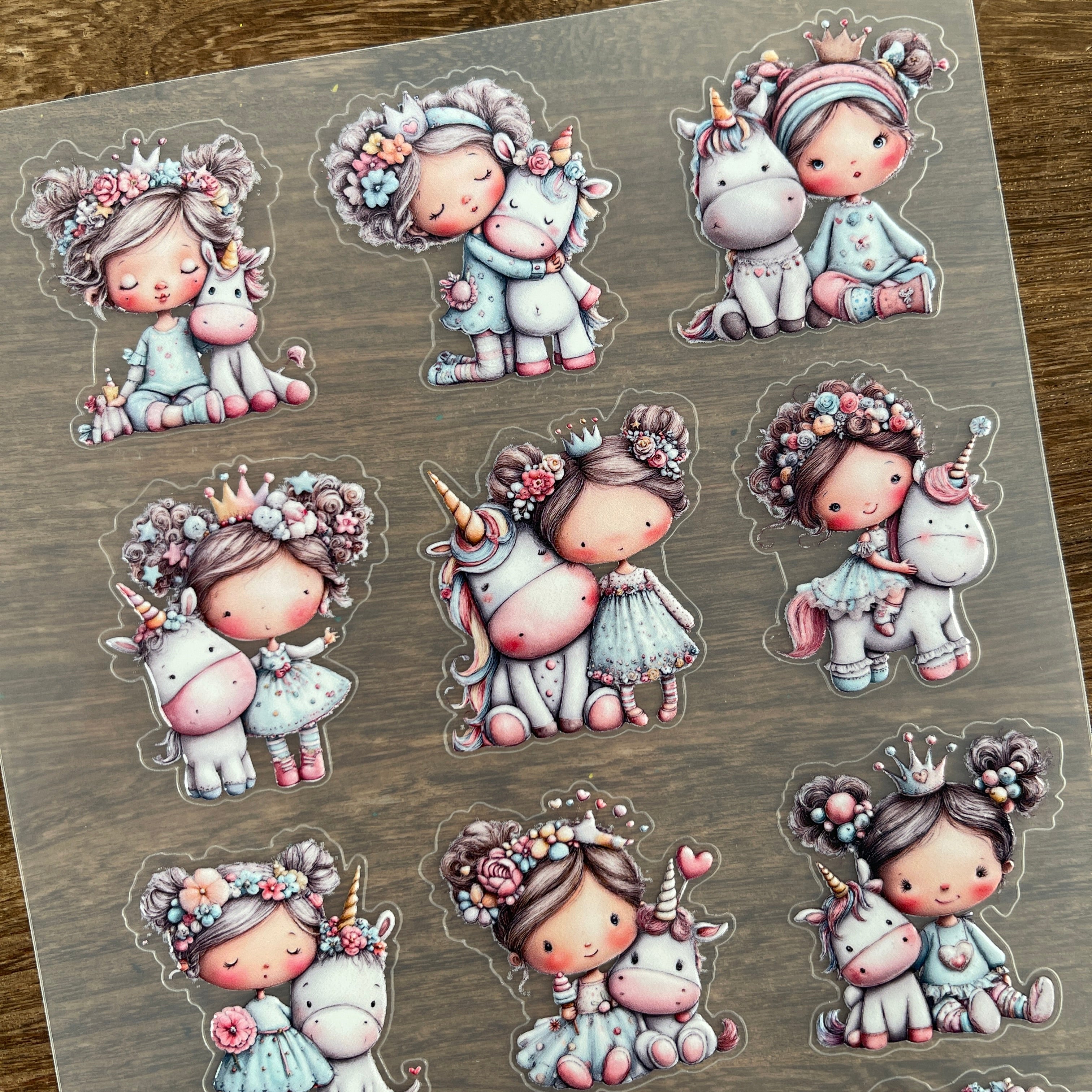 3D Girl and unicorn doll PET Sticker 1 Pcs