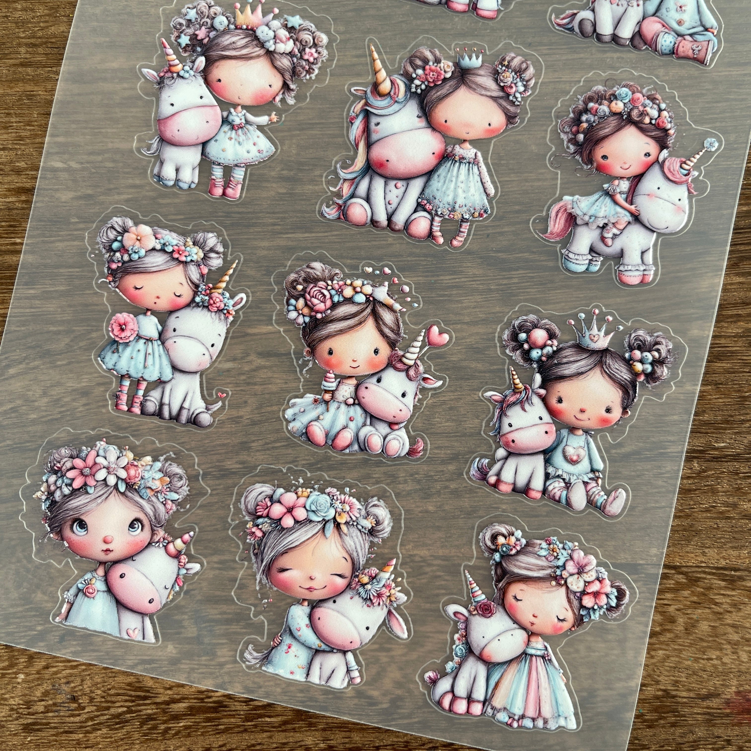 3D Girl and unicorn doll PET Sticker 1 Pcs