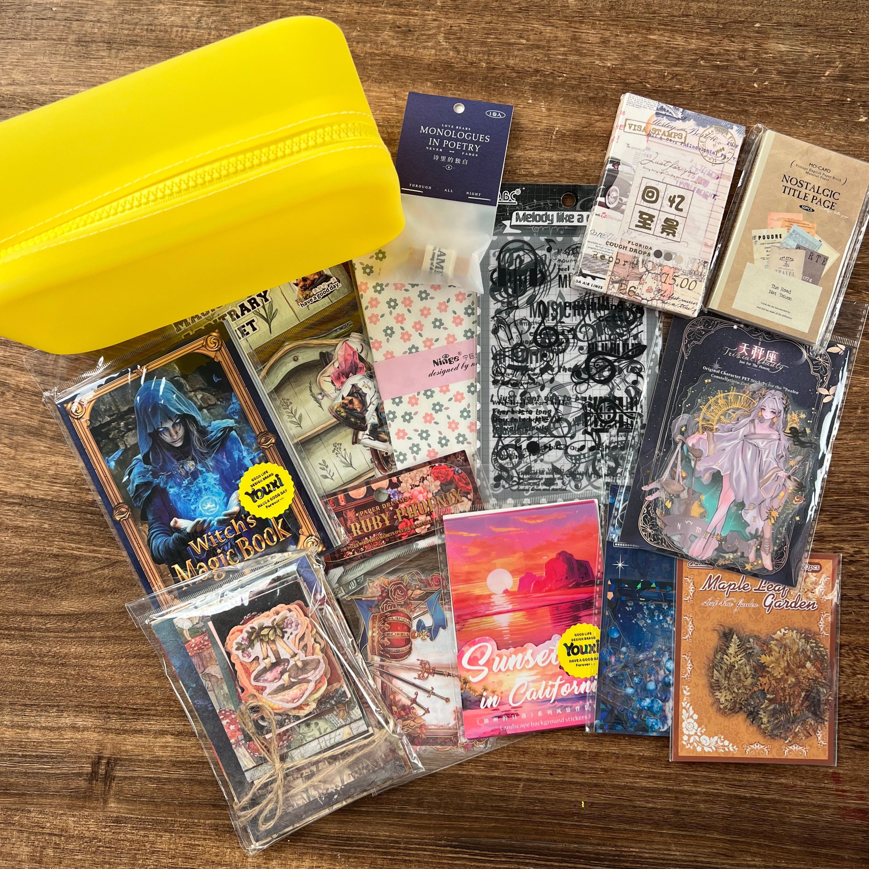 Yellow jelly bag with colorful journaling supplies mixed bundle