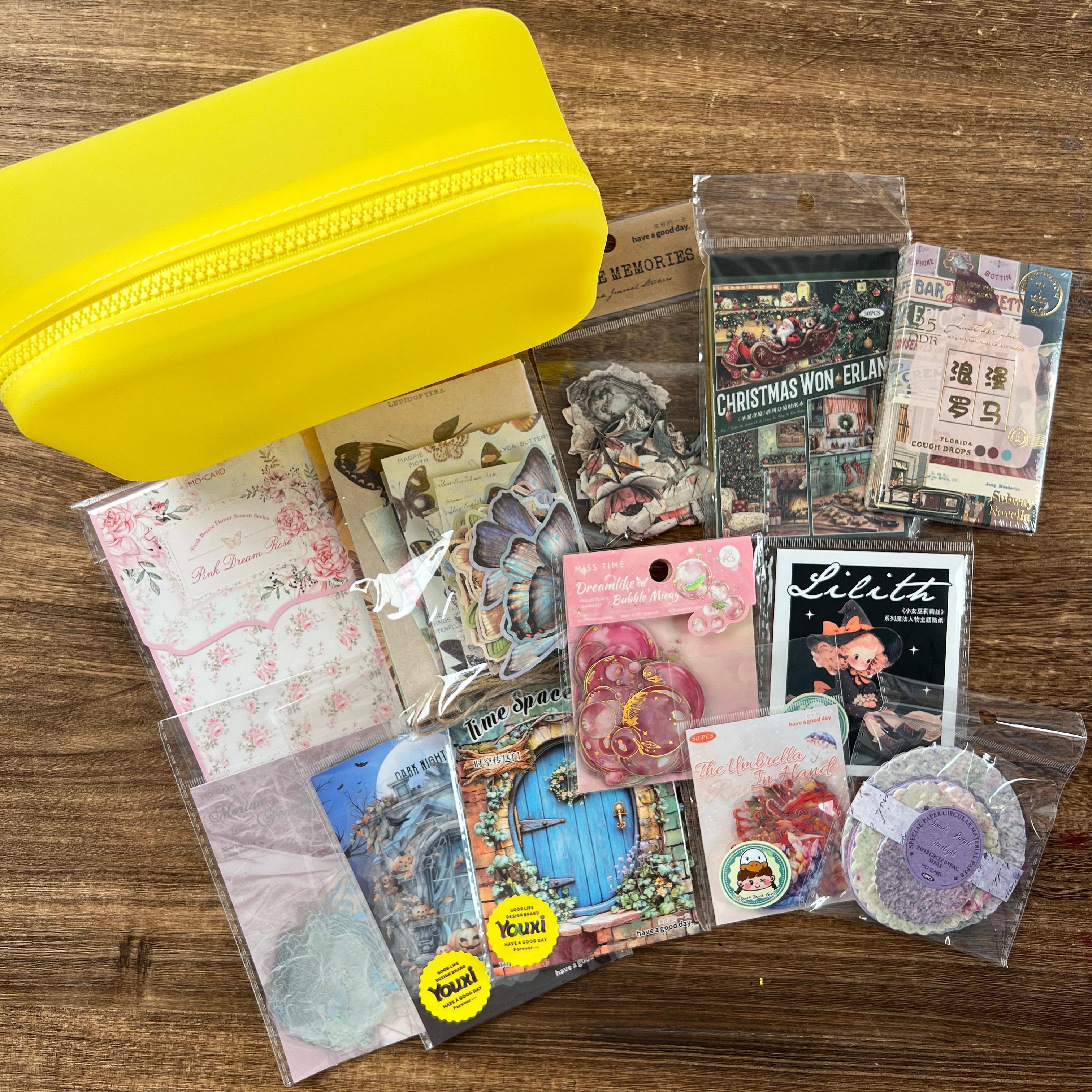 Yellow jelly bag with colorful journaling supplies mixed bundle