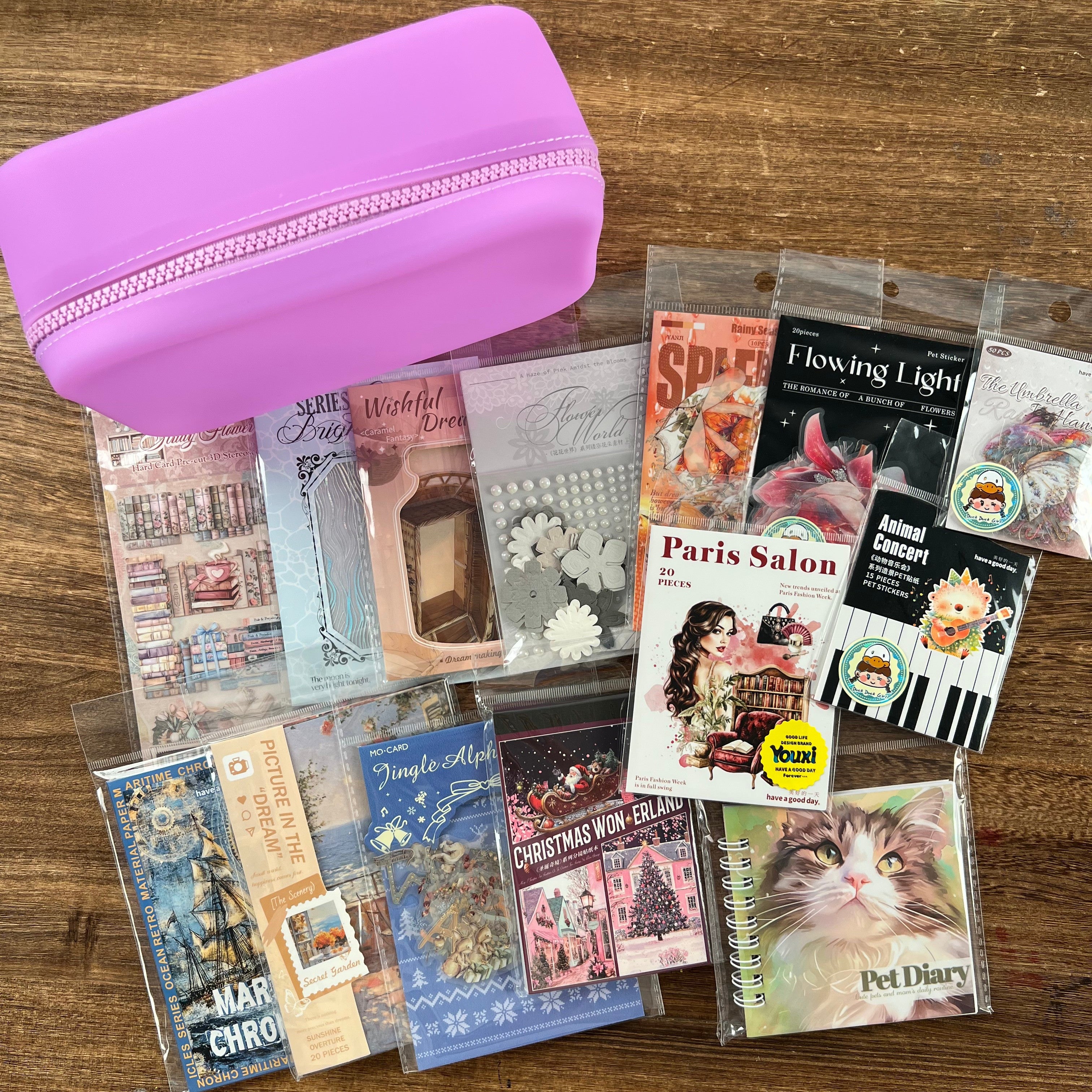 Purple jelly bag with colorful journaling supplies mixed bundle