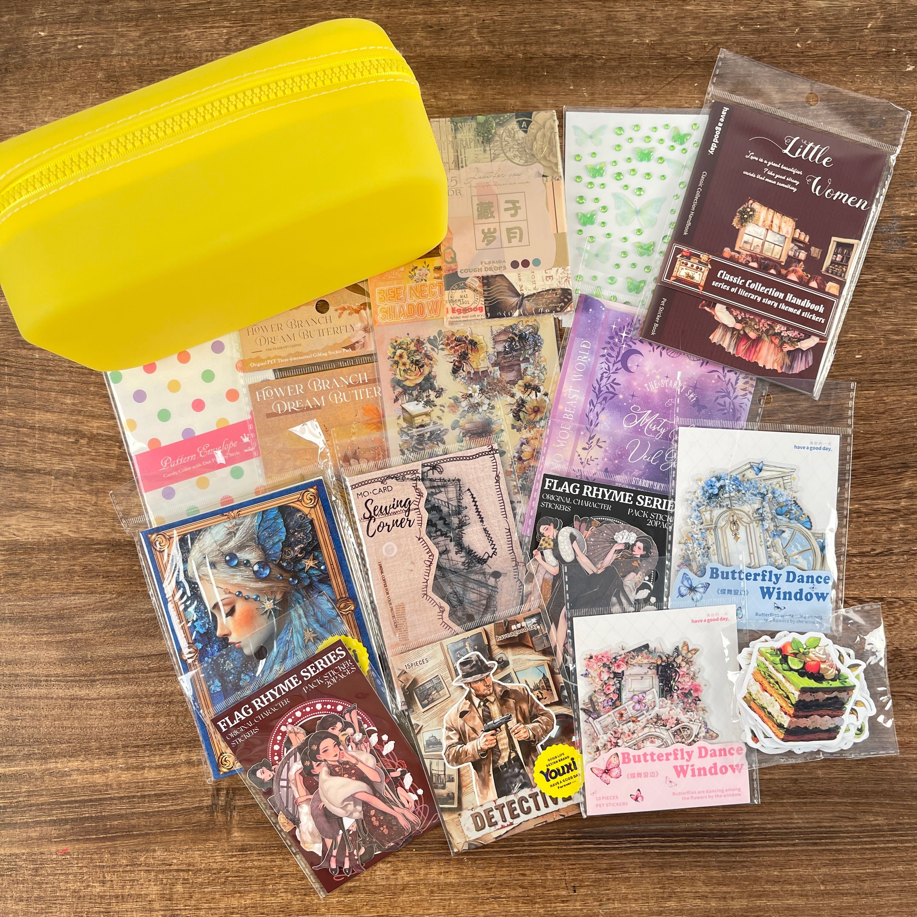 Yellow jelly bag with colorful journaling supplies mixed bundle